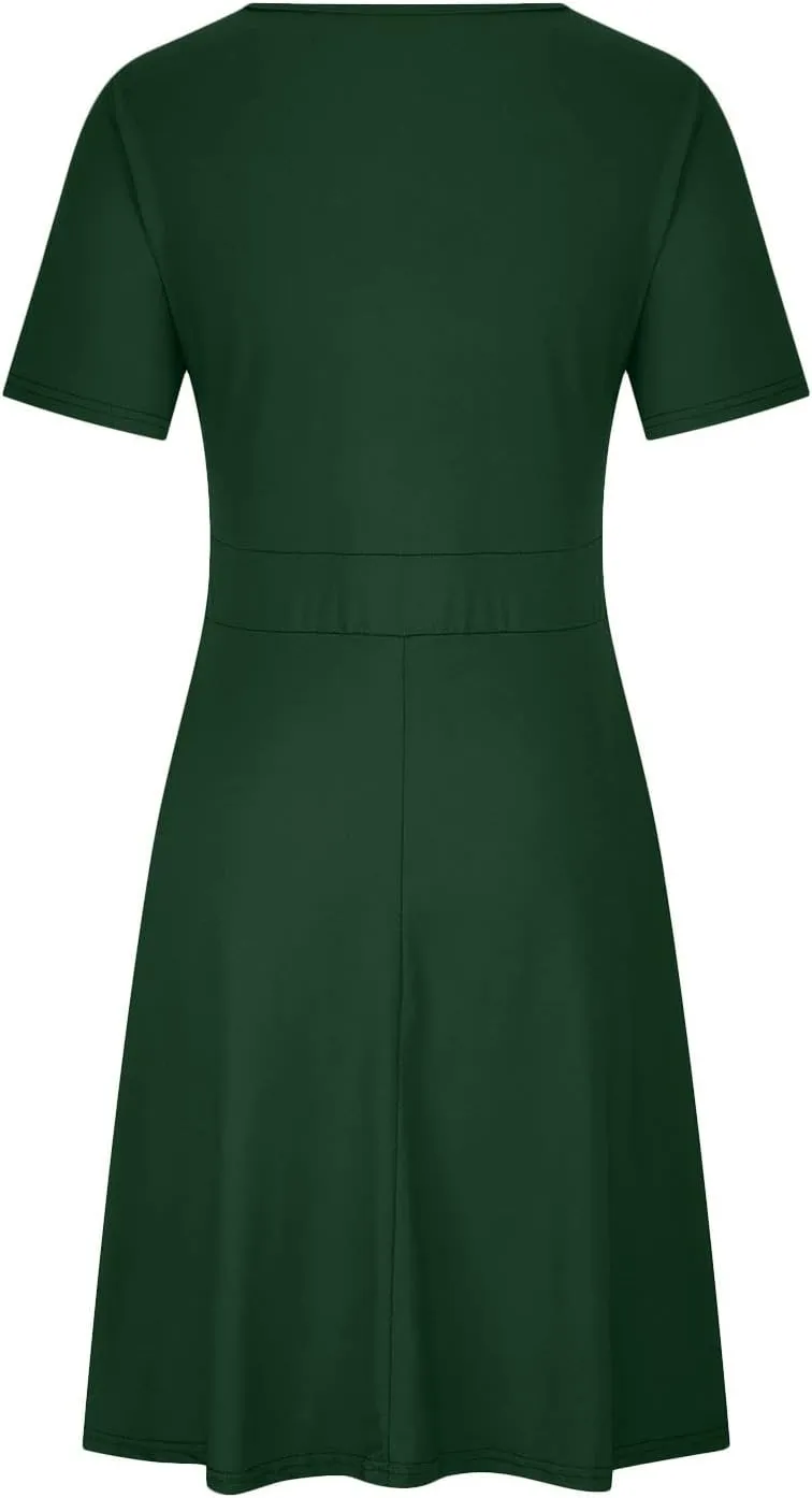 NaRHbrg Summer Dresses for Women 2024 Wrap V Neck Short Sleeve Midi Dress Ruffle Hem A-Line Sundress Cocktail Party Dress