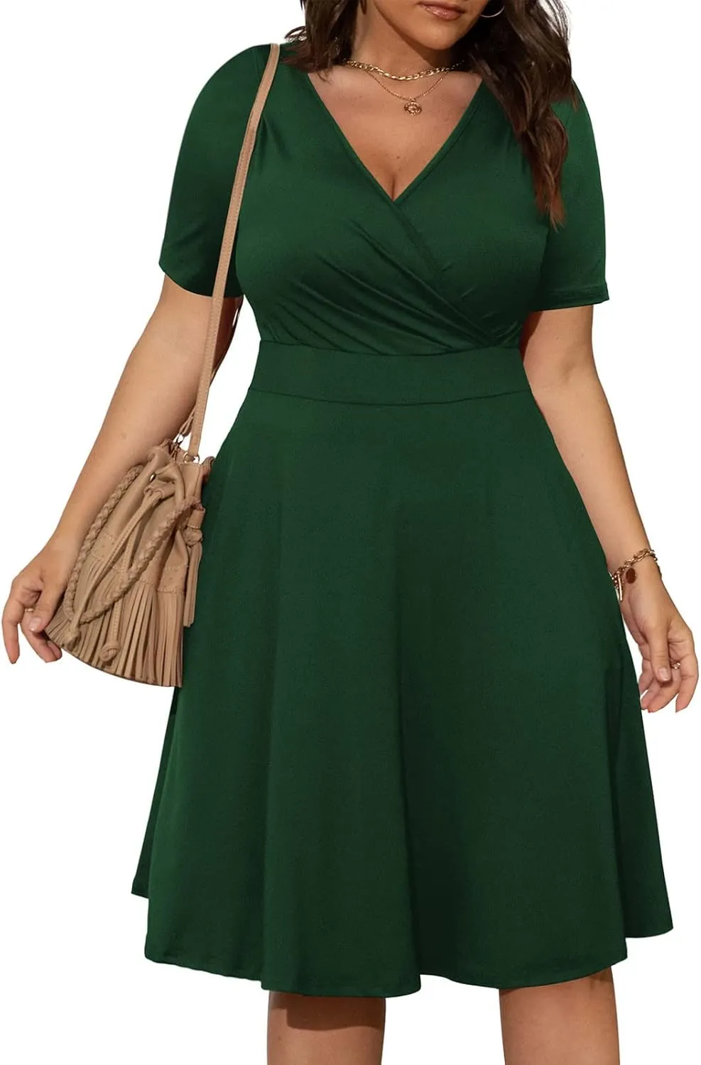 NaRHbrg Summer Dresses for Women 2024 Wrap V Neck Short Sleeve Midi Dress Ruffle Hem A-Line Sundress Cocktail Party Dress