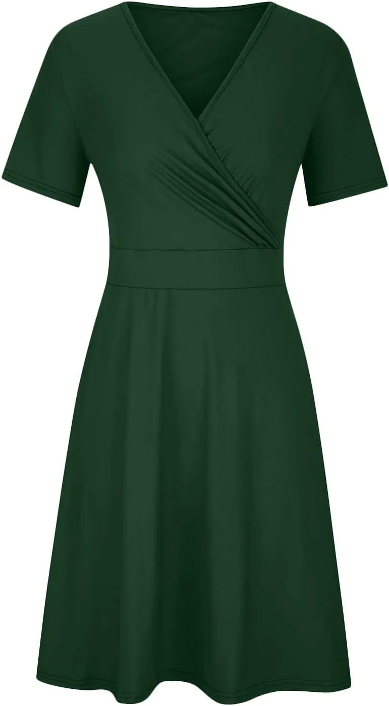 NaRHbrg Summer Dresses for Women 2024 Wrap V Neck Short Sleeve Midi Dress Ruffle Hem A-Line Sundress Cocktail Party Dress