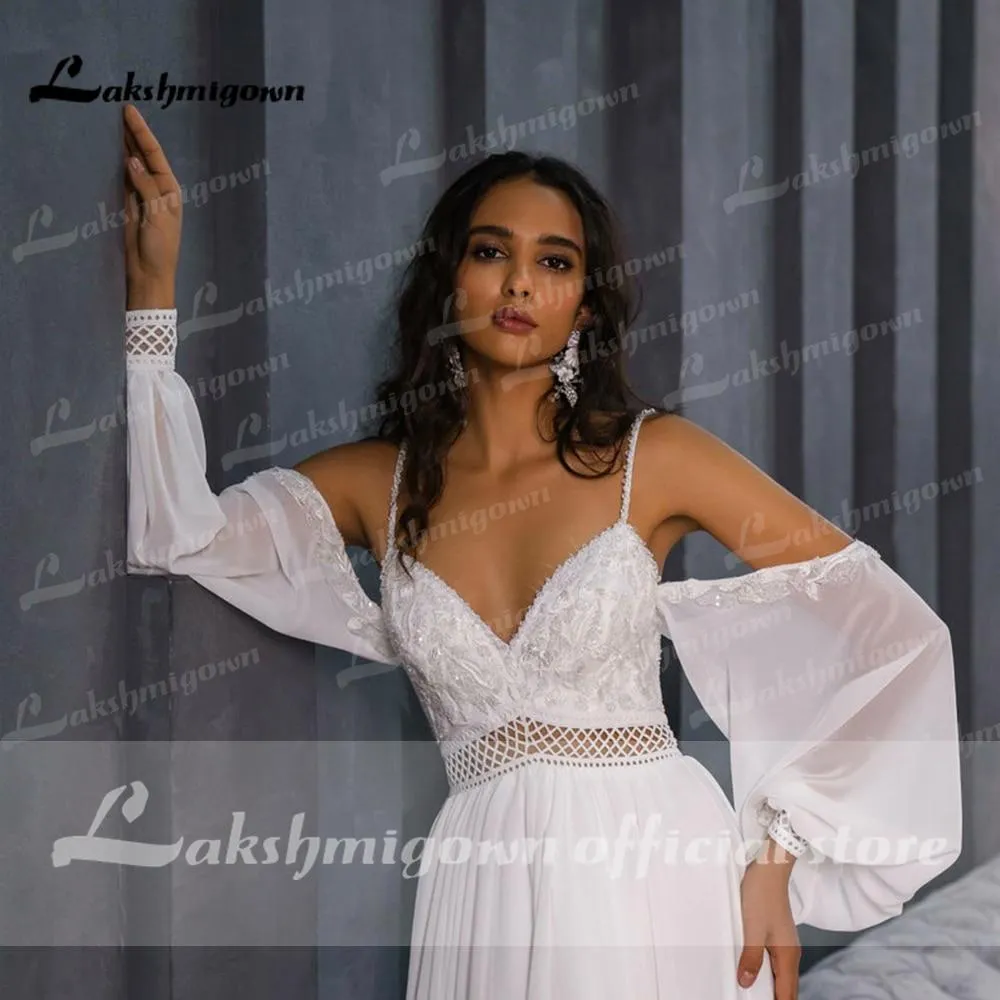 NumberSea Chiffon Backless Spaghetti Straps lantern Sleeve Wedding Dresses