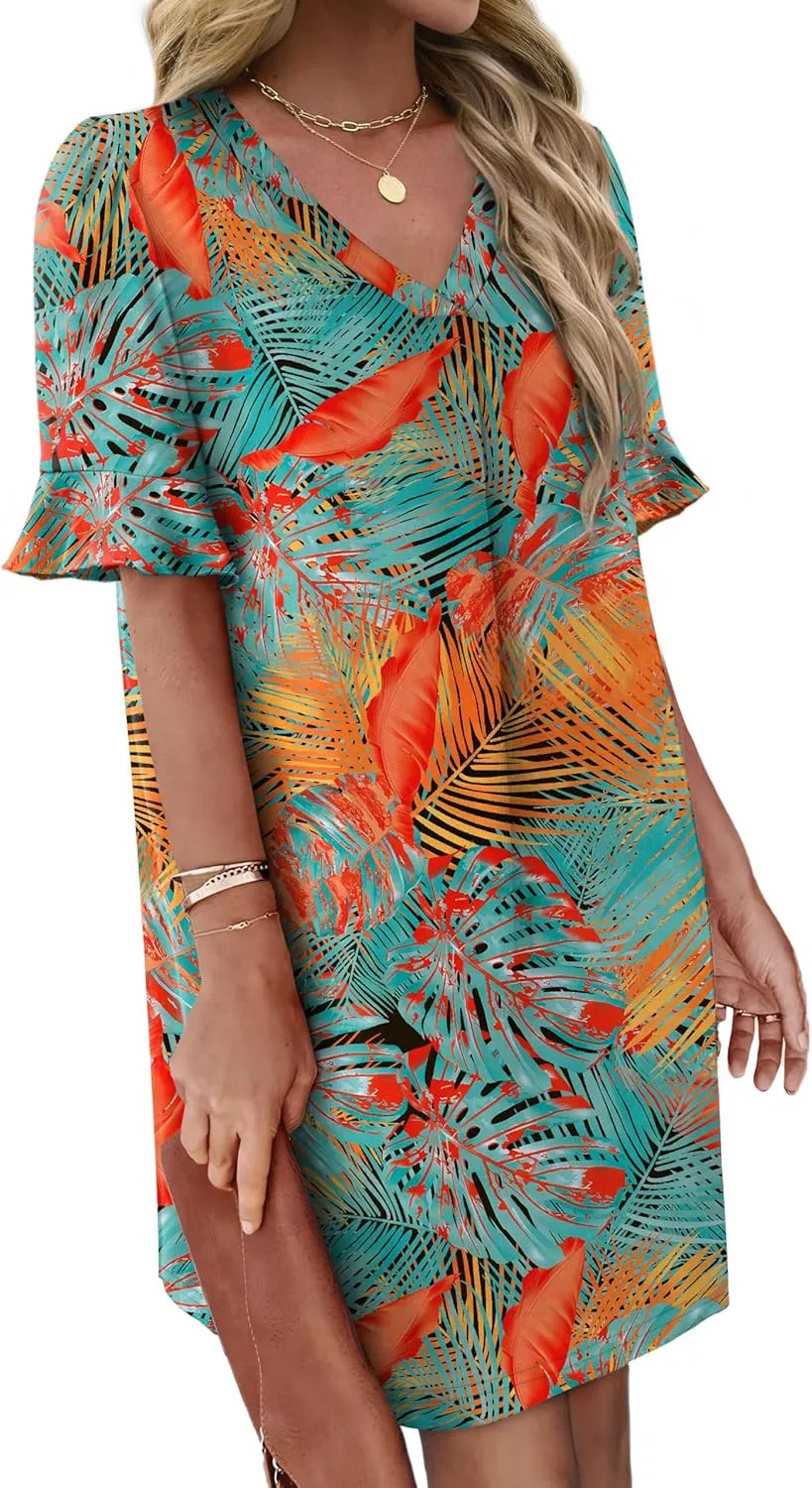 OFEEFAN Summer Dresses for Women Ruffle Short Sleeve V Neck Casual Shift Dress with Pockets
