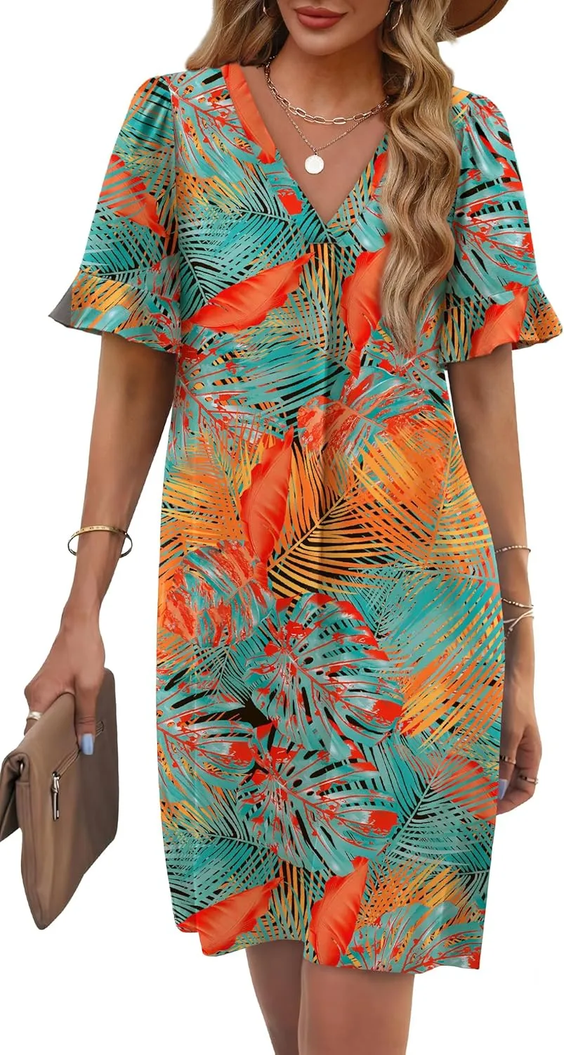 OFEEFAN Summer Dresses for Women Ruffle Short Sleeve V Neck Casual Shift Dress with Pockets