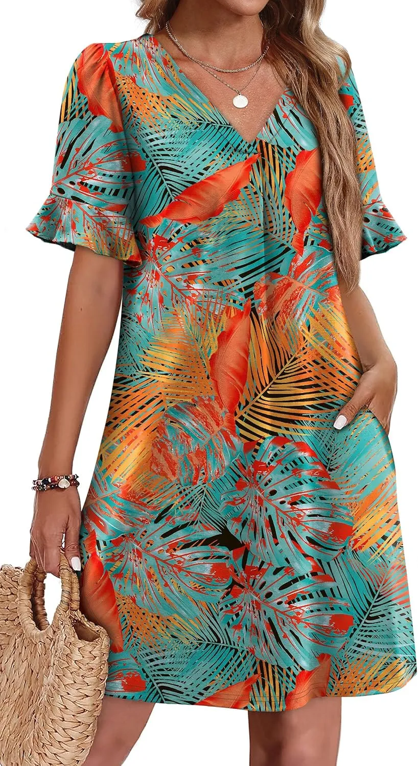 OFEEFAN Summer Dresses for Women Ruffle Short Sleeve V Neck Casual Shift Dress with Pockets
