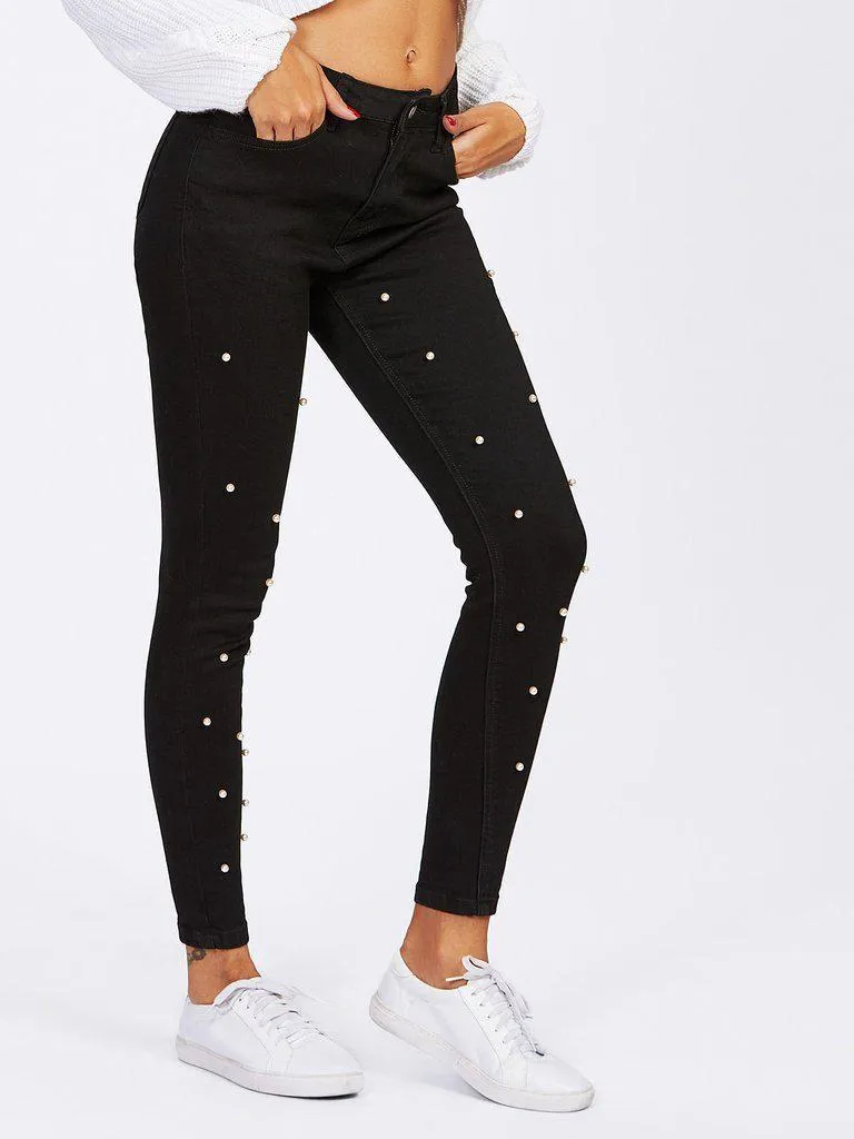 Pearl Beaded Front Jeans