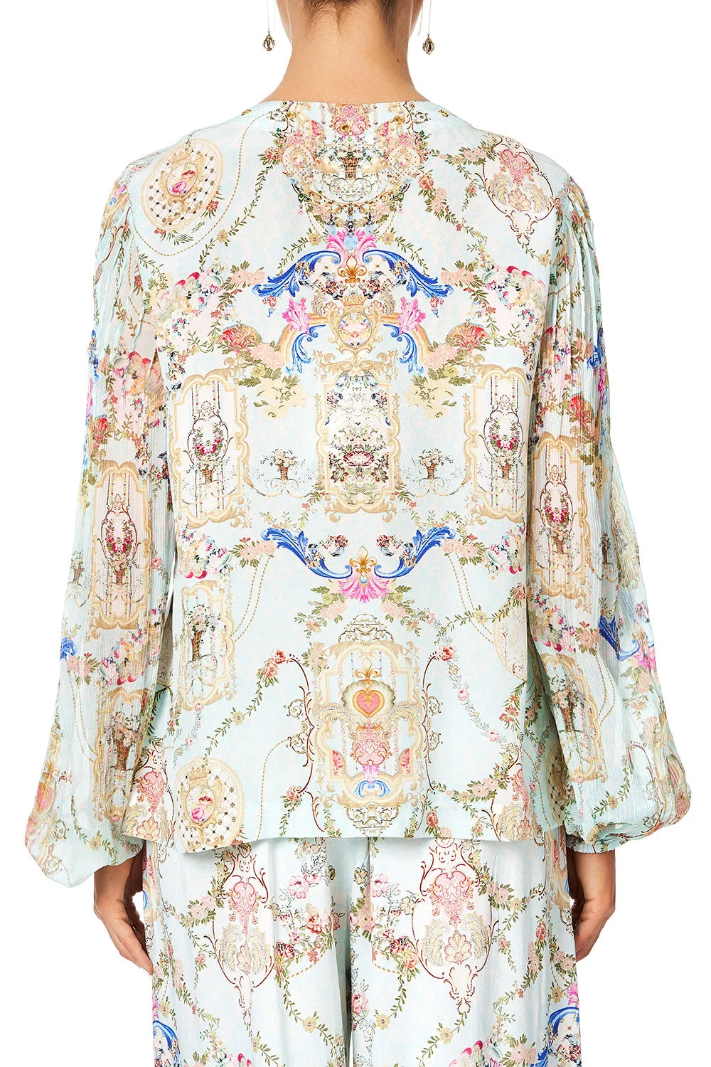 PEASANT BLOUSE WITH LACE UP FRONT VERSAILLES SKY
