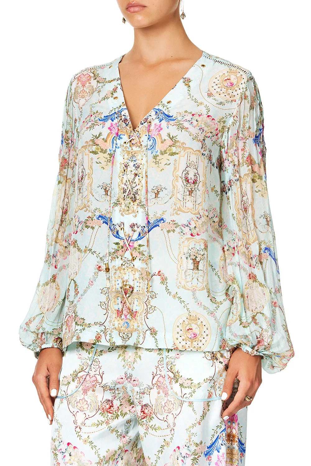 PEASANT BLOUSE WITH LACE UP FRONT VERSAILLES SKY