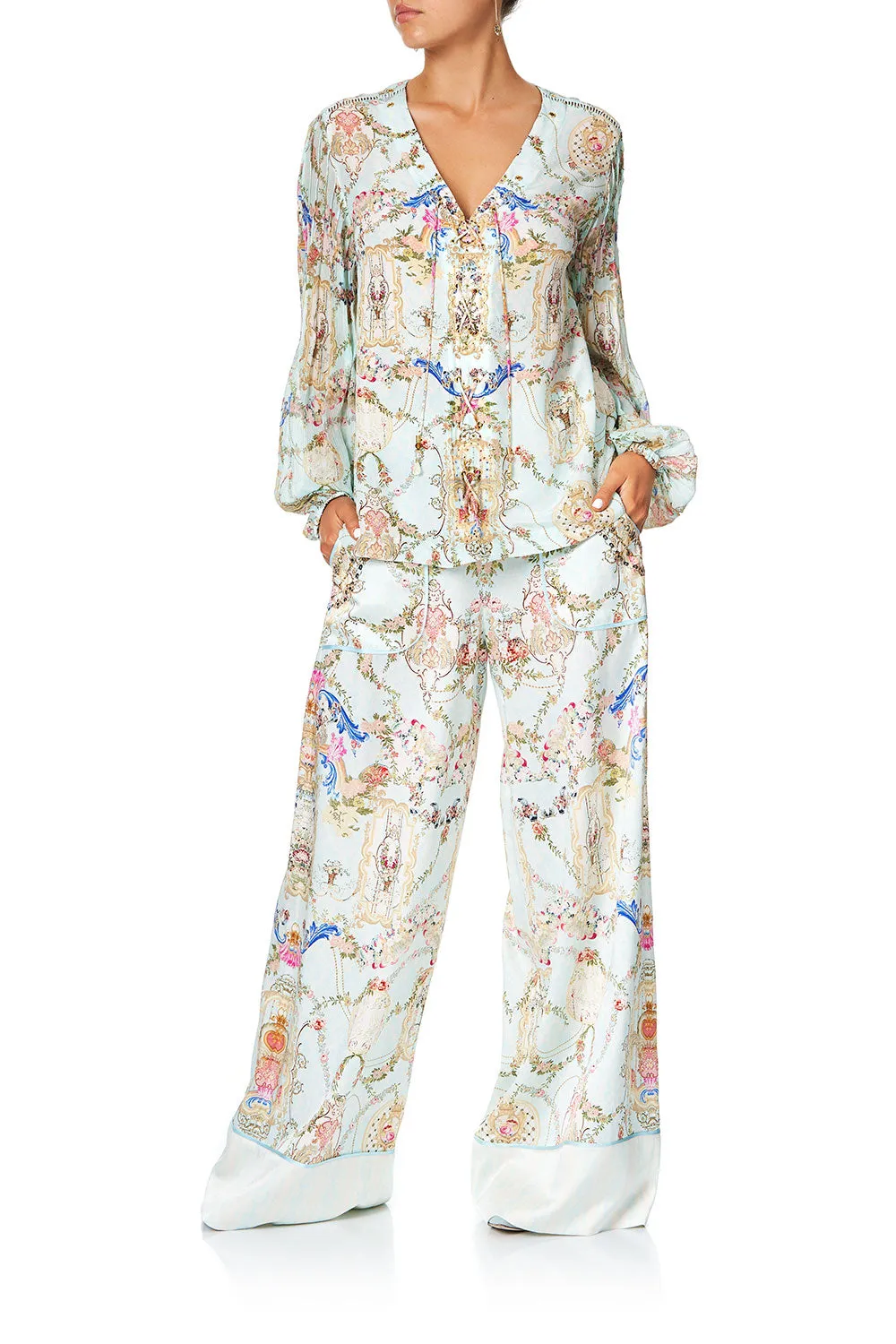 PEASANT BLOUSE WITH LACE UP FRONT VERSAILLES SKY