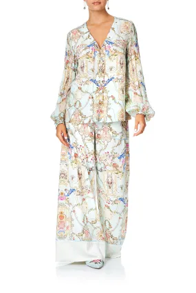 PEASANT BLOUSE WITH LACE UP FRONT VERSAILLES SKY