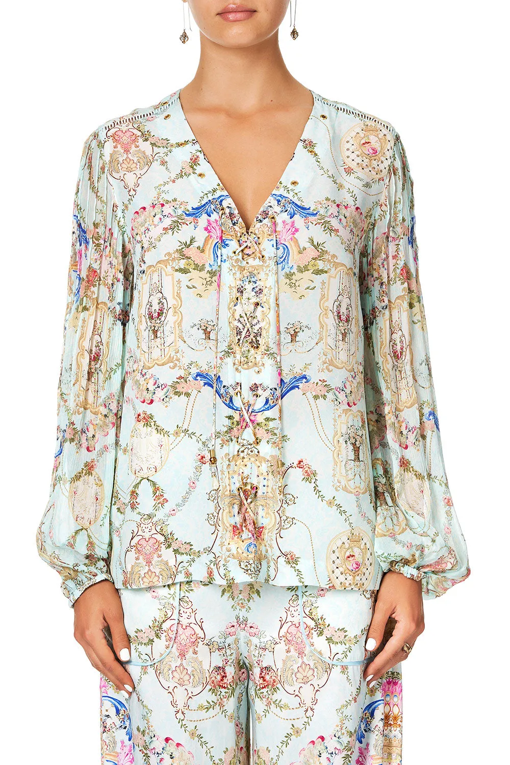 PEASANT BLOUSE WITH LACE UP FRONT VERSAILLES SKY