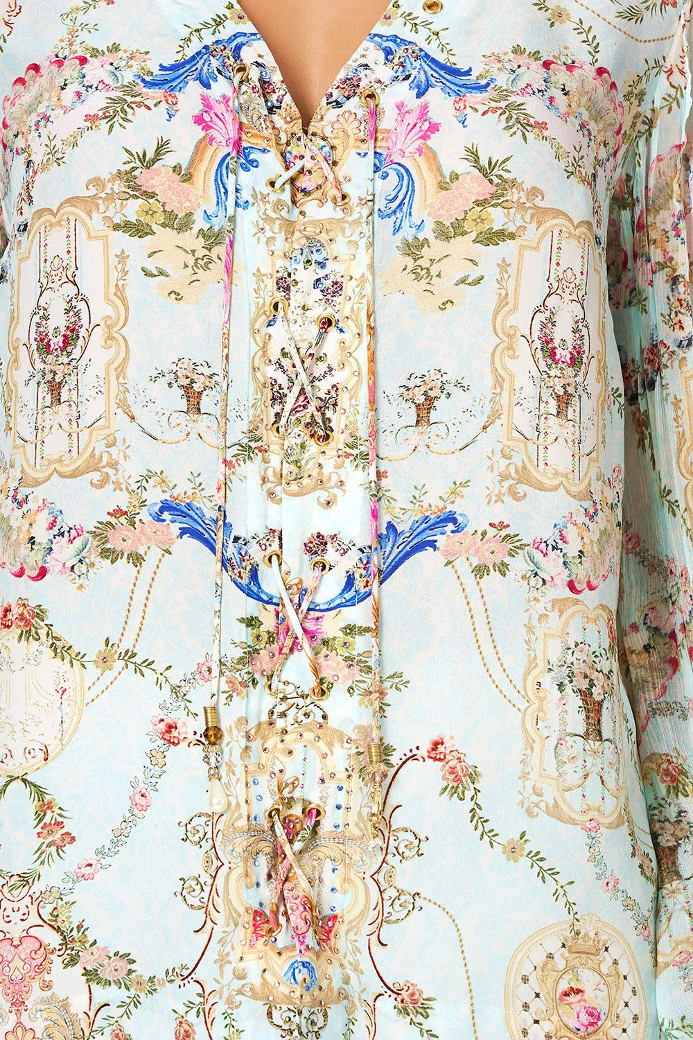 PEASANT BLOUSE WITH LACE UP FRONT VERSAILLES SKY