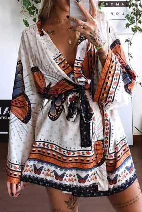 Print Bat Long Sleeve Bleted Mini Dress