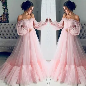 Puff Ball Gown Lace Wedding Dresses for Bride 2024 Off the Shoulder Long Sleeve A Line Princess Bridal Dress Pleated Flowy Wedding Maxi Dress