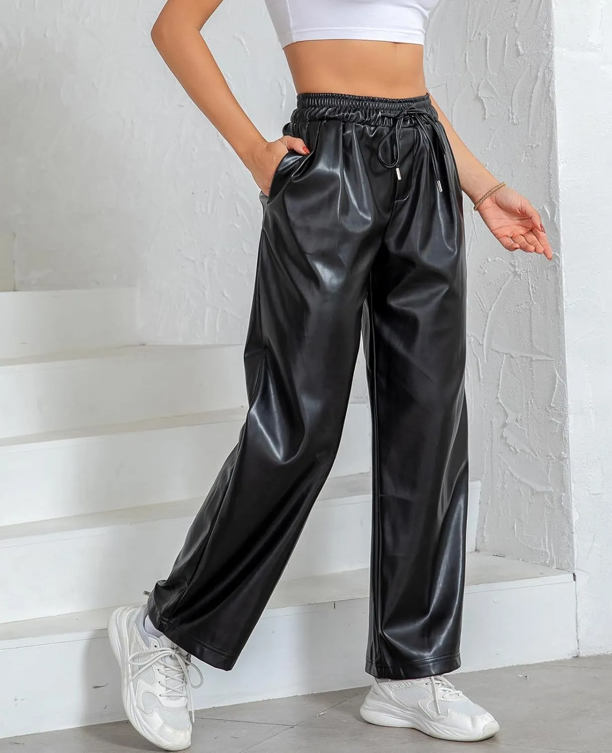 RAMISU Women's Faux Leather Pants High Waisted Straight Leg Trousers Elastic Drawstring Wide Leg PU Pants with Pockets