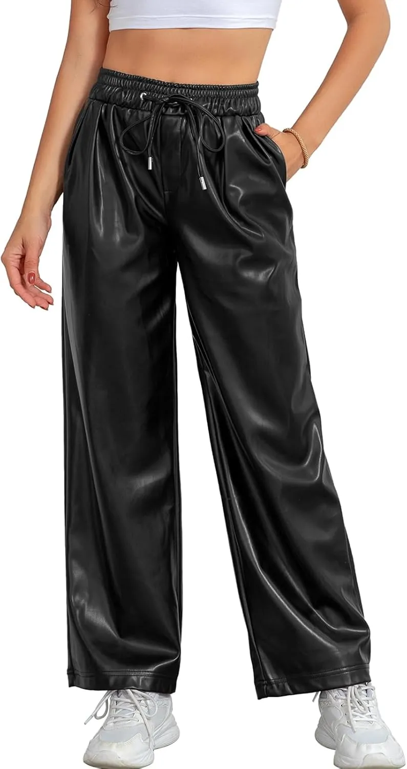 RAMISU Women's Faux Leather Pants High Waisted Straight Leg Trousers Elastic Drawstring Wide Leg PU Pants with Pockets