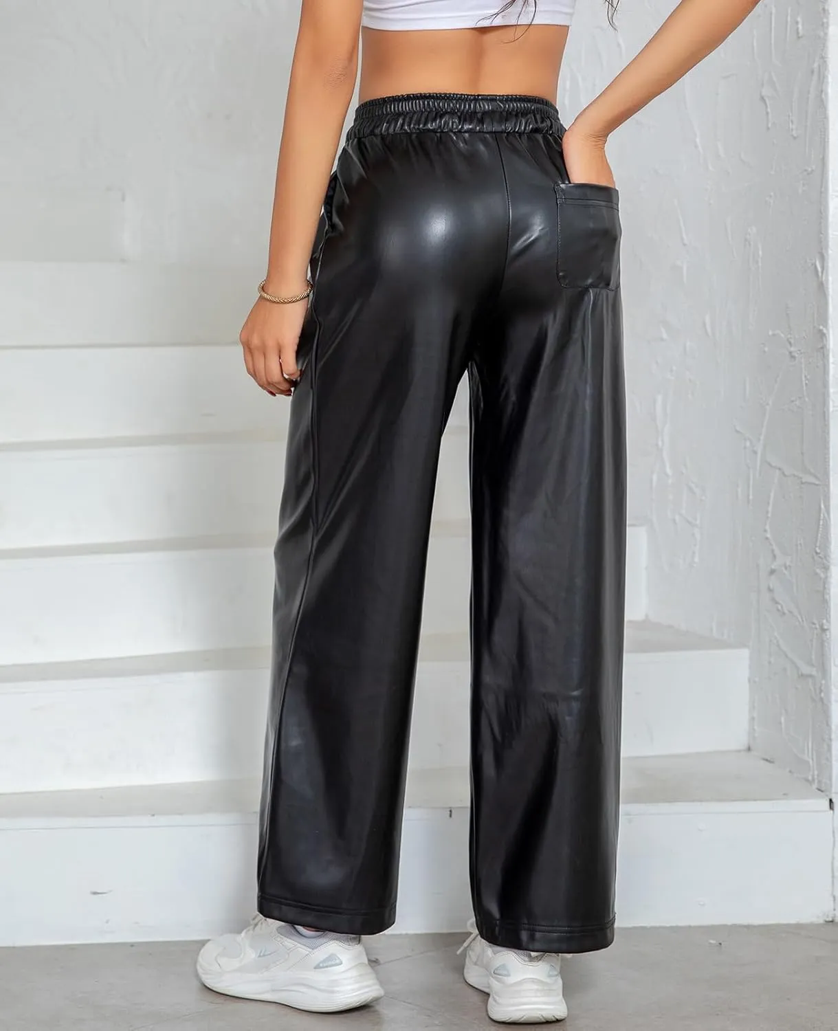 RAMISU Women's Faux Leather Pants High Waisted Straight Leg Trousers Elastic Drawstring Wide Leg PU Pants with Pockets