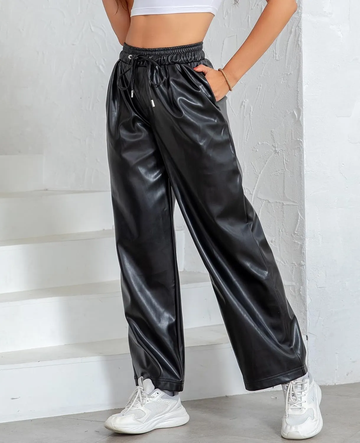 RAMISU Women's Faux Leather Pants High Waisted Straight Leg Trousers Elastic Drawstring Wide Leg PU Pants with Pockets
