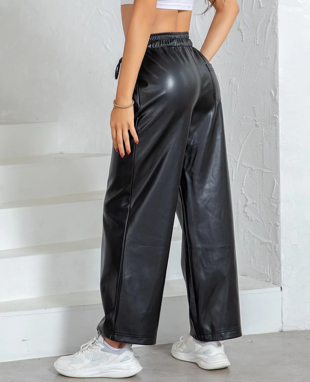 RAMISU Women's Faux Leather Pants High Waisted Straight Leg Trousers Elastic Drawstring Wide Leg PU Pants with Pockets