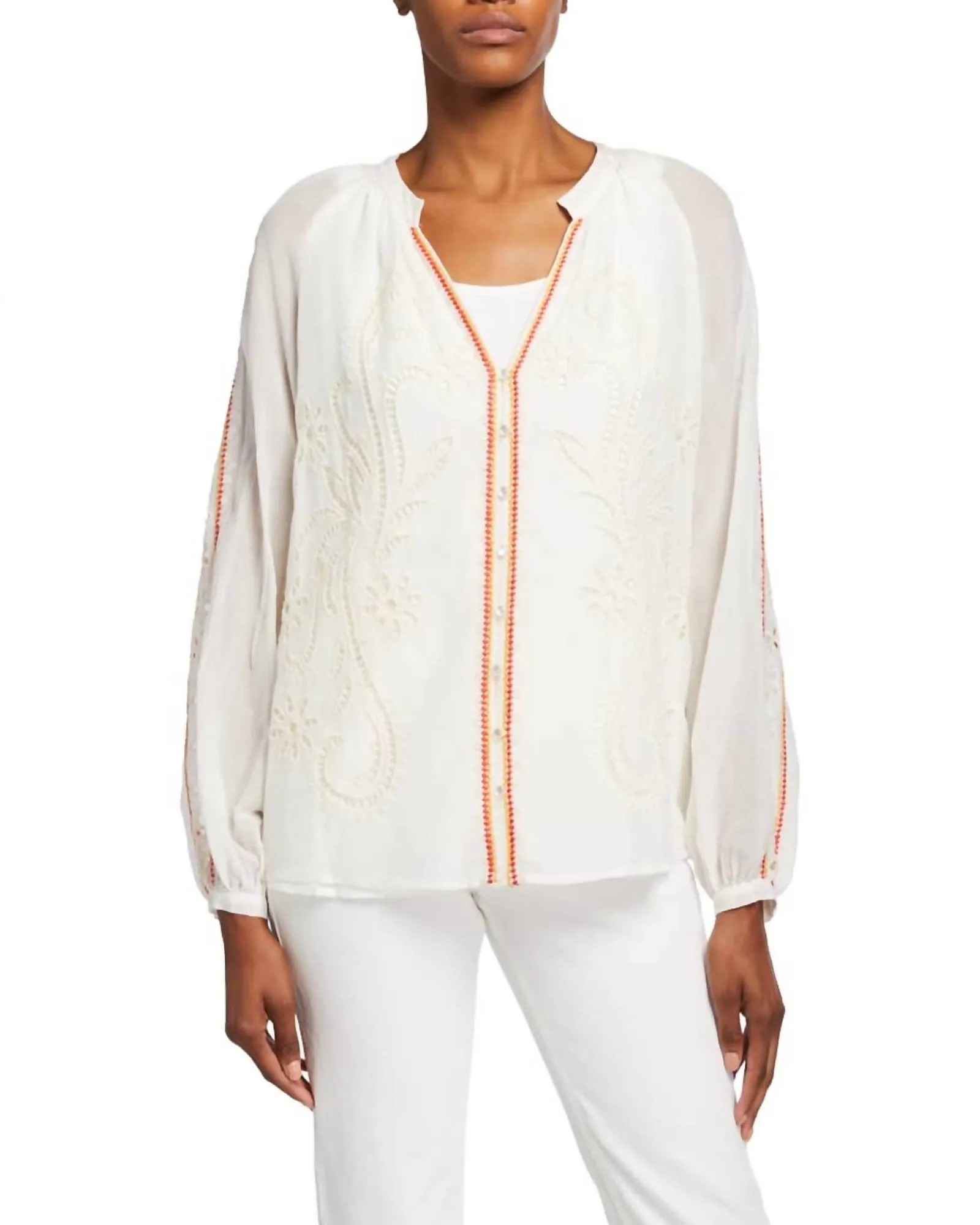Rosa Eyelet Cotton Peasant Blouse in Antique White | Antique White
