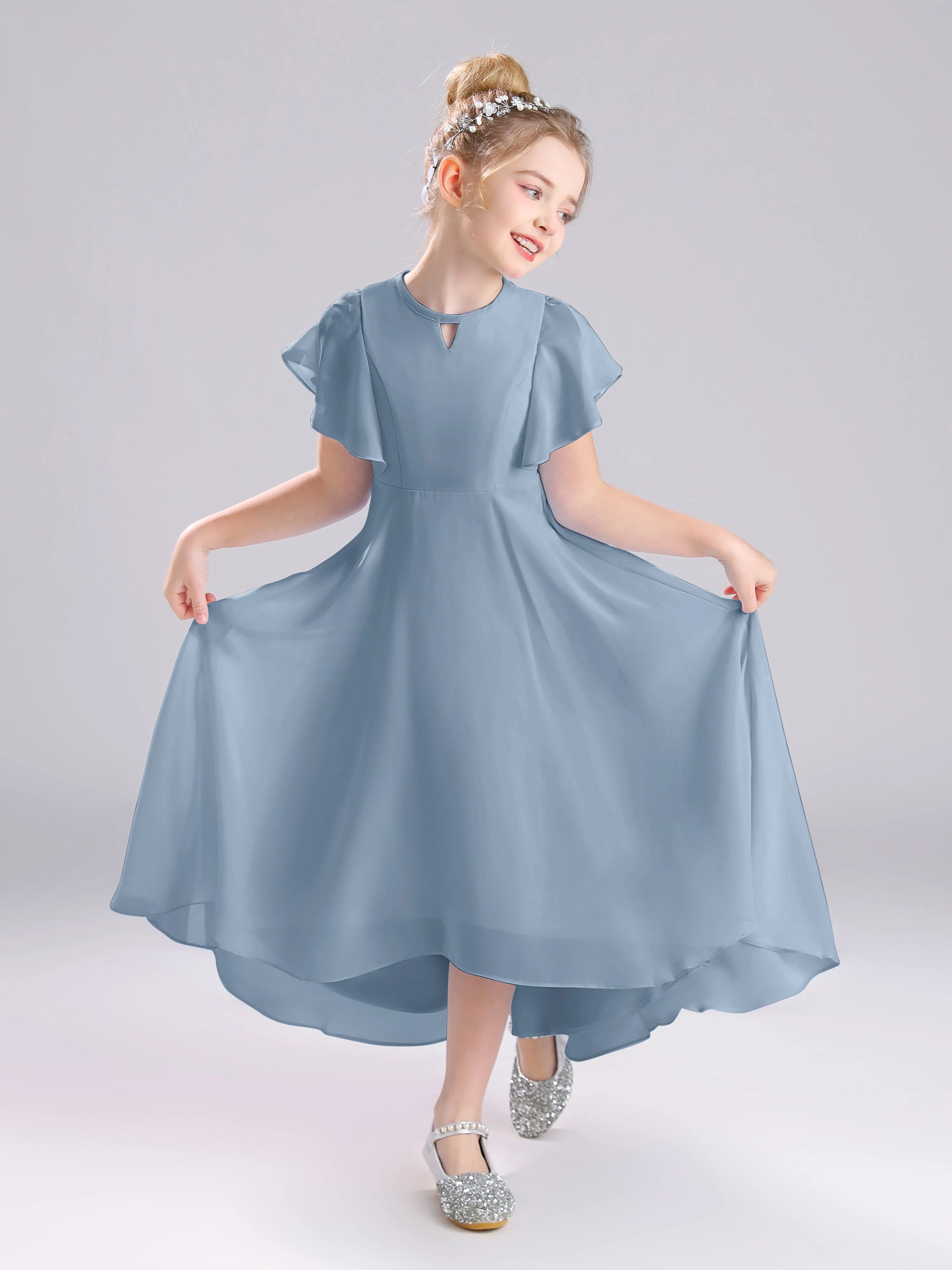 Ruffles Sleeves A-Line Long Chiffon Junior Bridesmaid Dresses