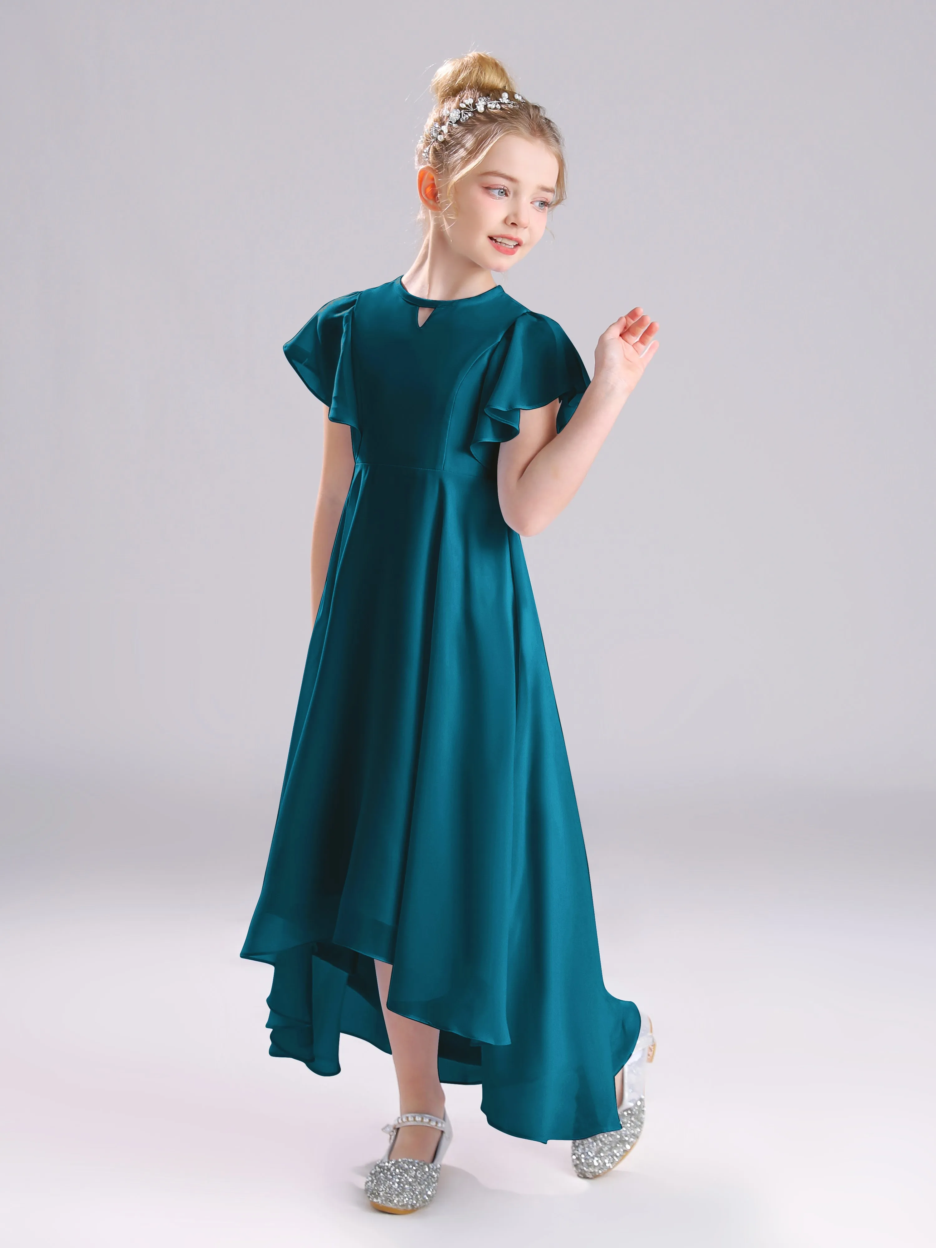 Ruffles Sleeves A-Line Long Chiffon Junior Bridesmaid Dresses