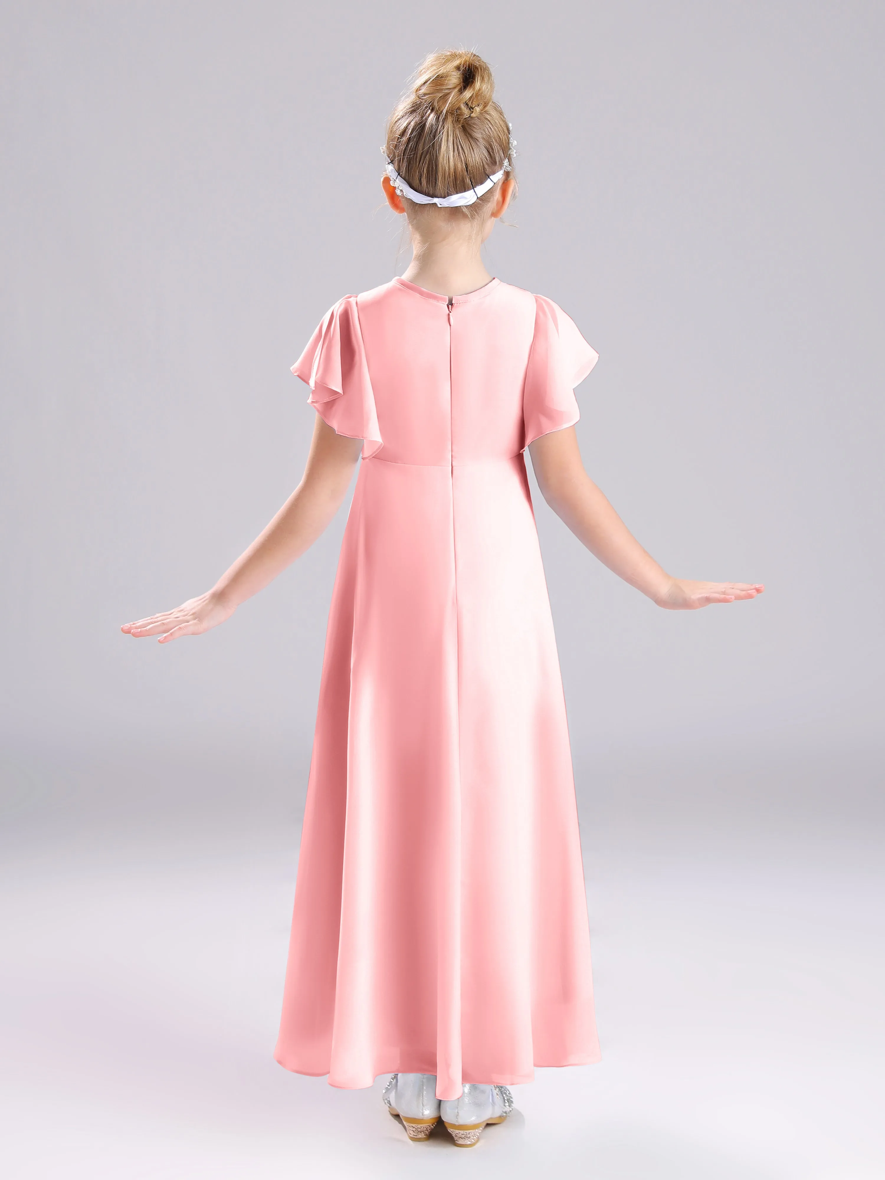 Ruffles Sleeves A-Line Long Chiffon Junior Bridesmaid Dresses