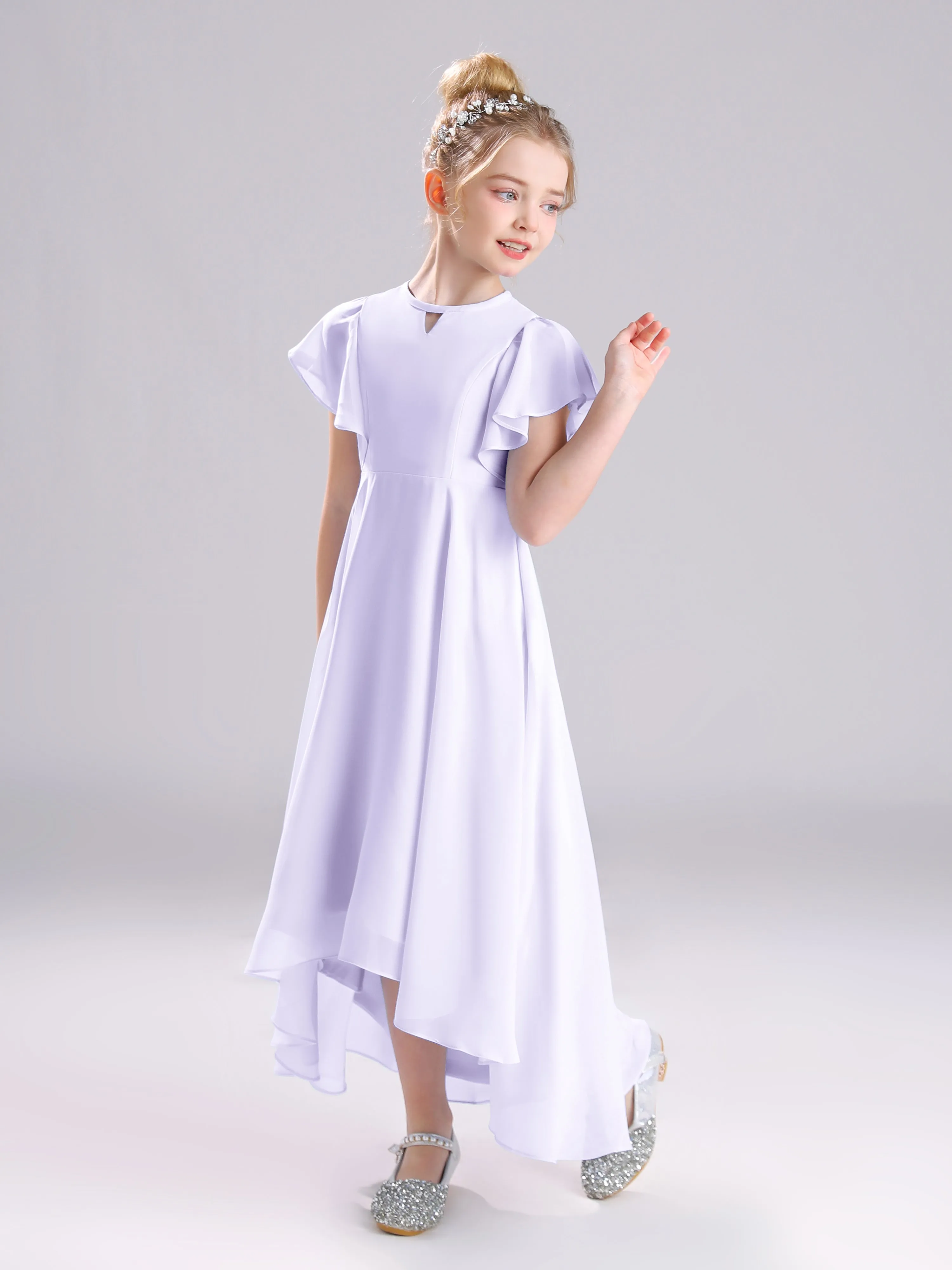 Ruffles Sleeves A-Line Long Chiffon Junior Bridesmaid Dresses