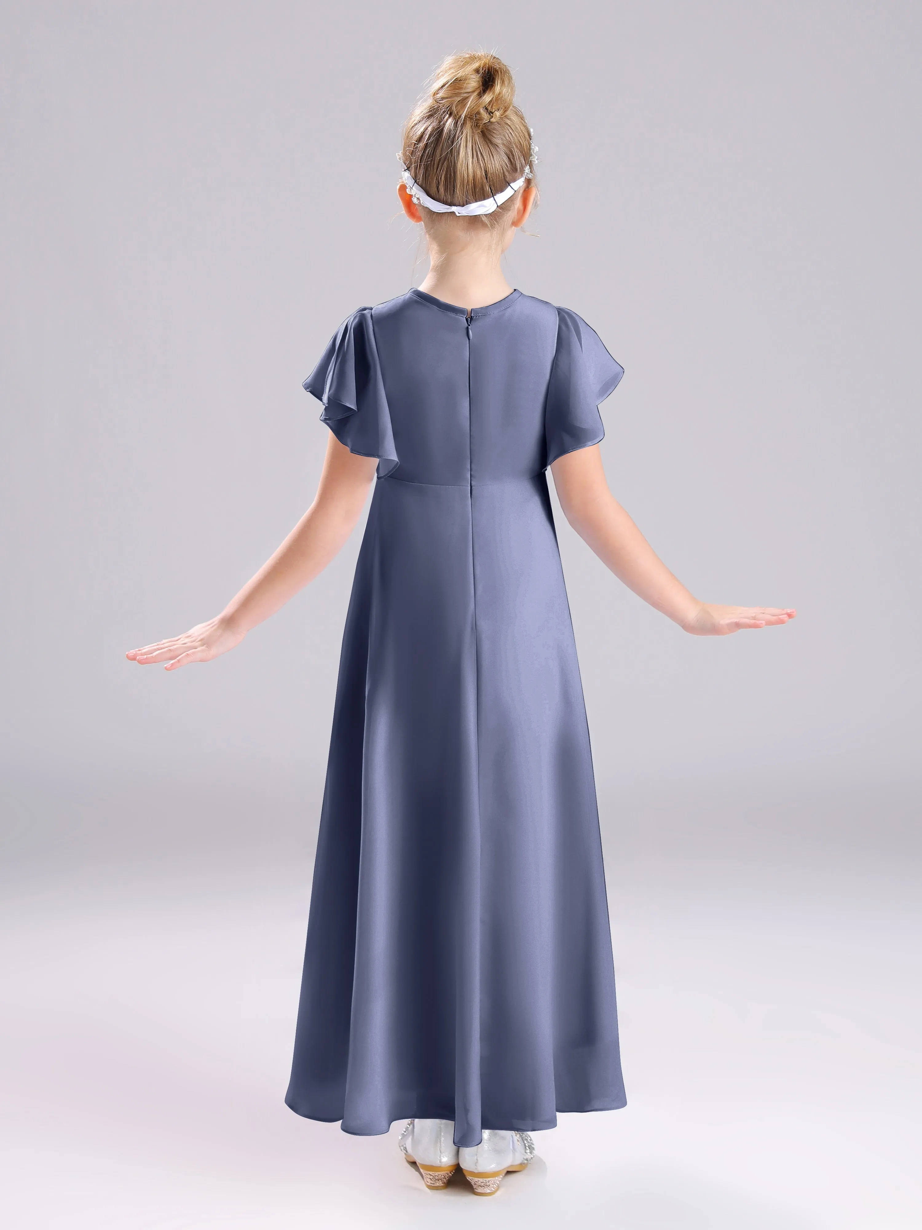 Ruffles Sleeves A-Line Long Chiffon Junior Bridesmaid Dresses