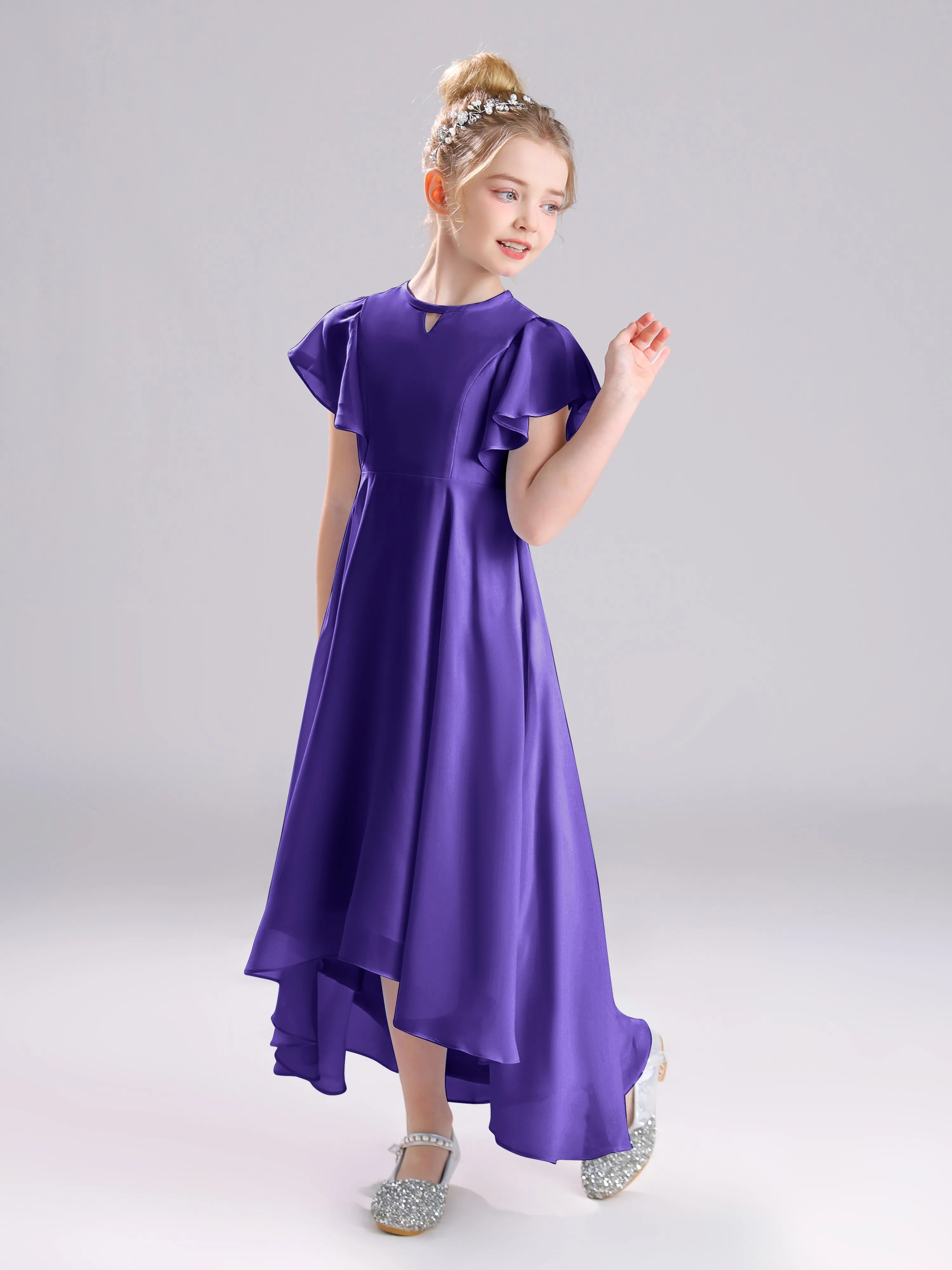 Ruffles Sleeves A-Line Long Chiffon Junior Bridesmaid Dresses