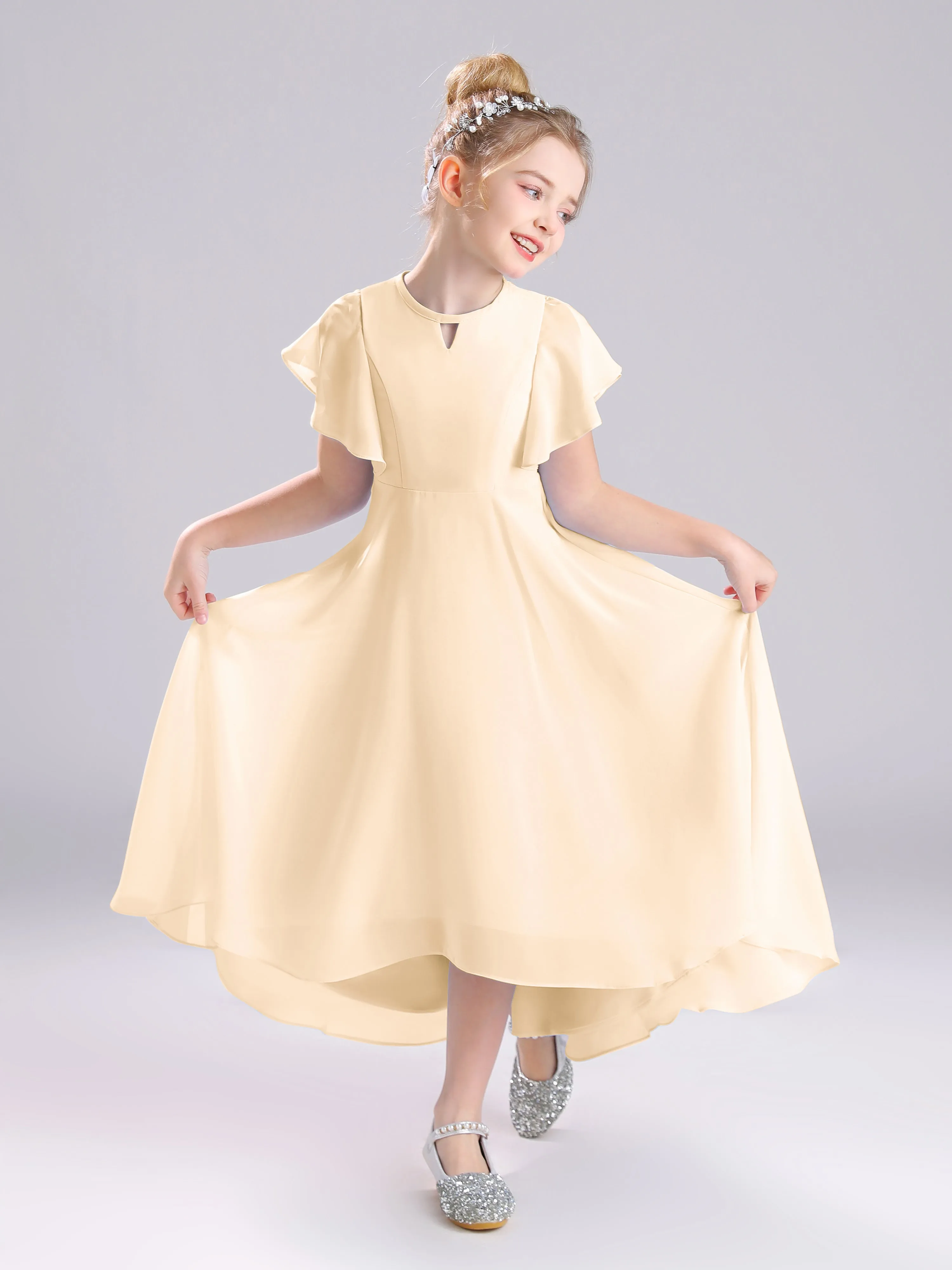 Ruffles Sleeves A-Line Long Chiffon Junior Bridesmaid Dresses