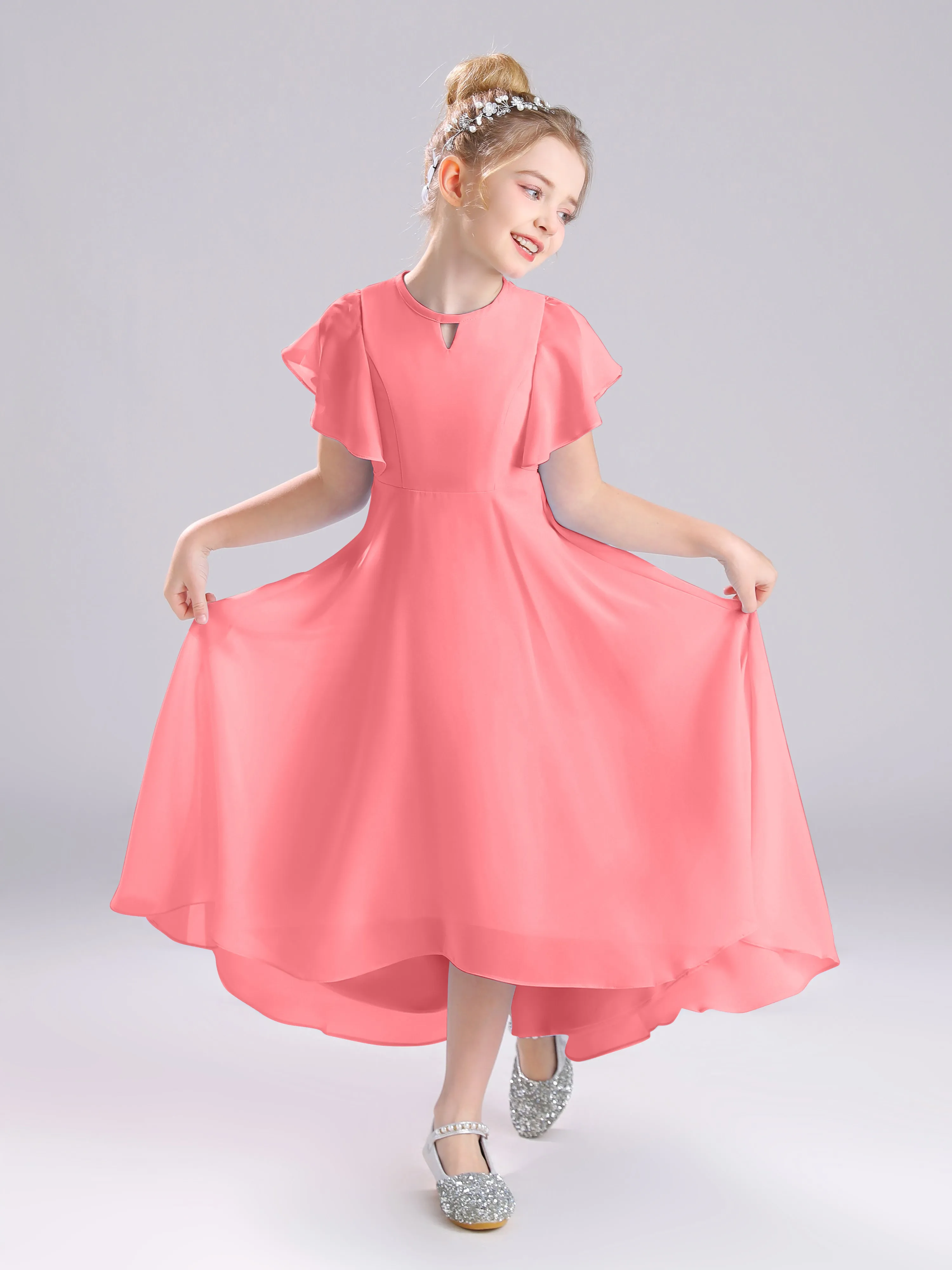 Ruffles Sleeves A-Line Long Chiffon Junior Bridesmaid Dresses