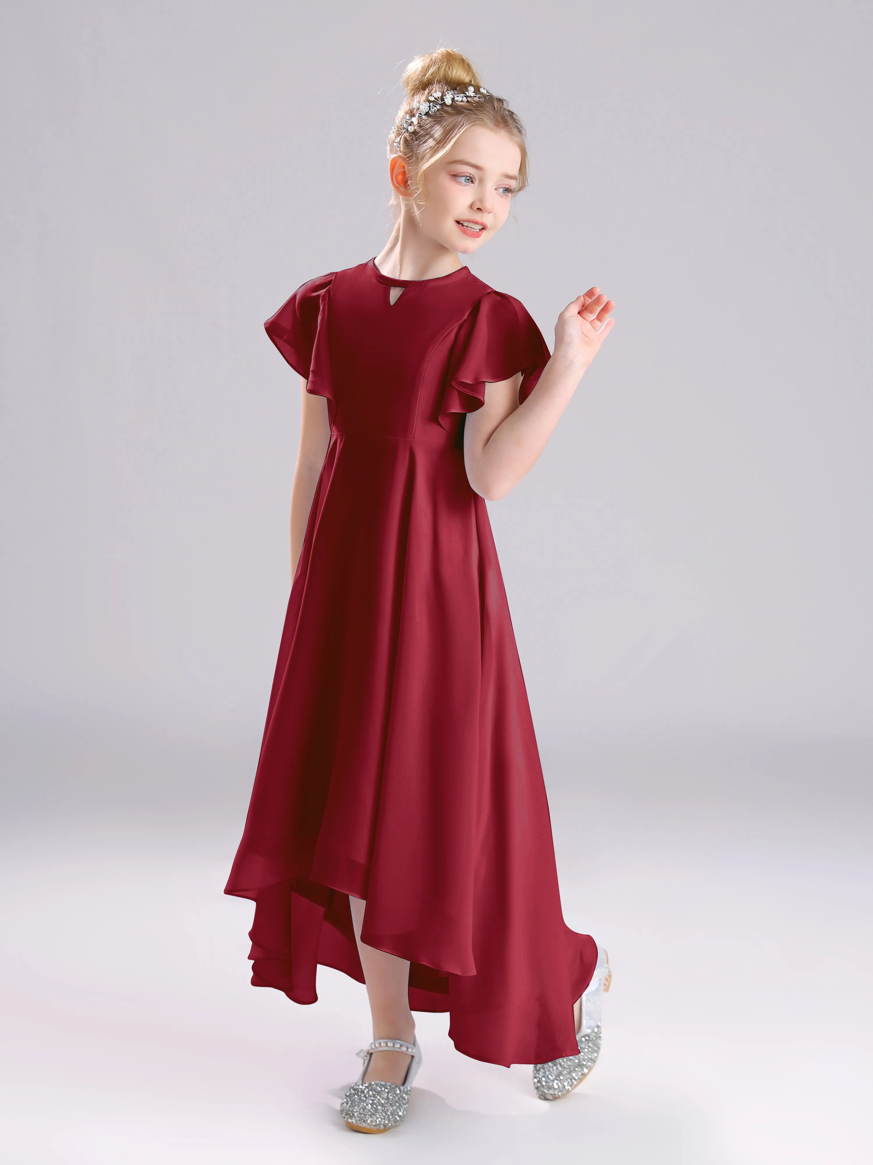 Ruffles Sleeves A-Line Long Chiffon Junior Bridesmaid Dresses