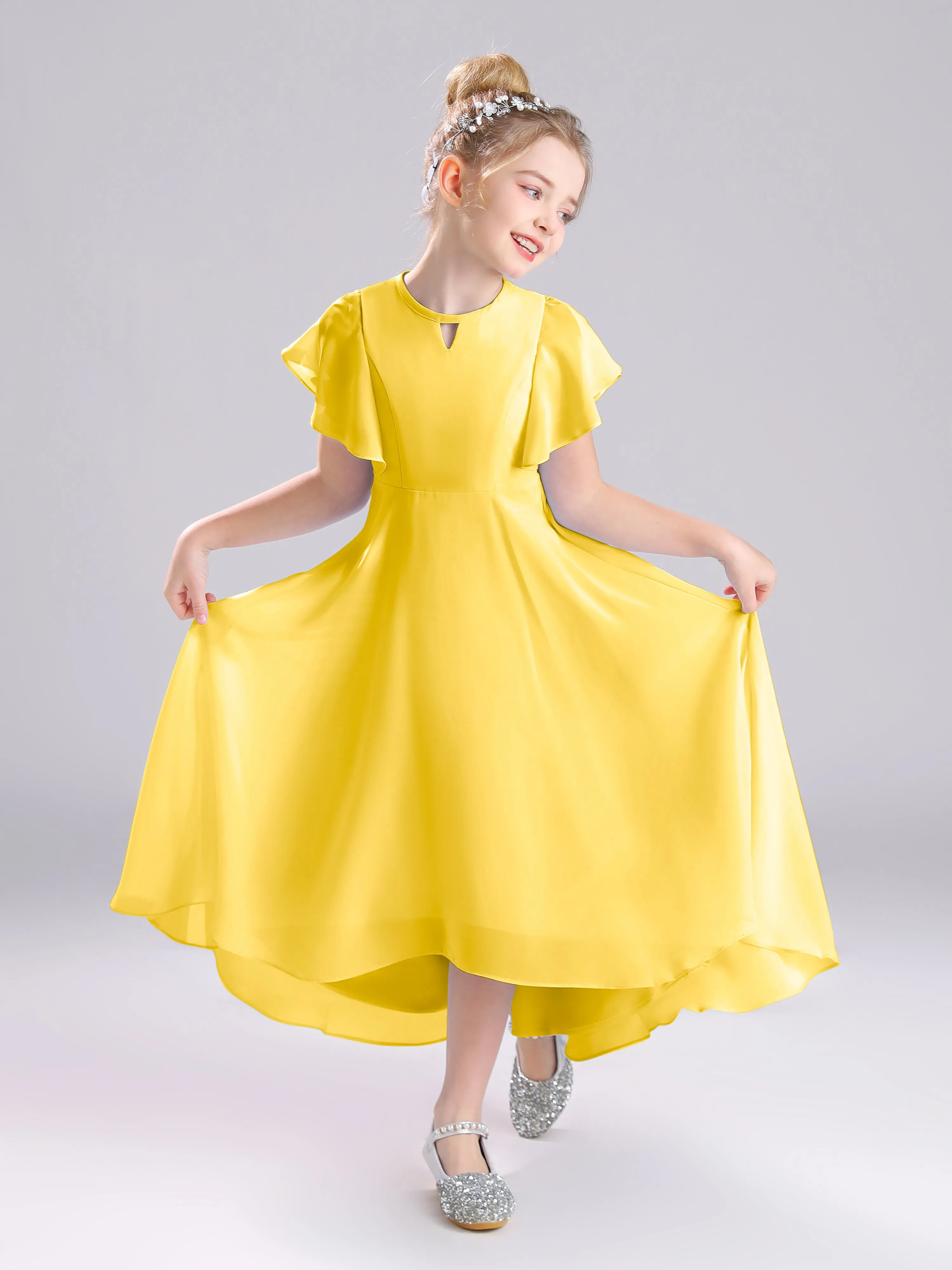 Ruffles Sleeves A-Line Long Chiffon Junior Bridesmaid Dresses