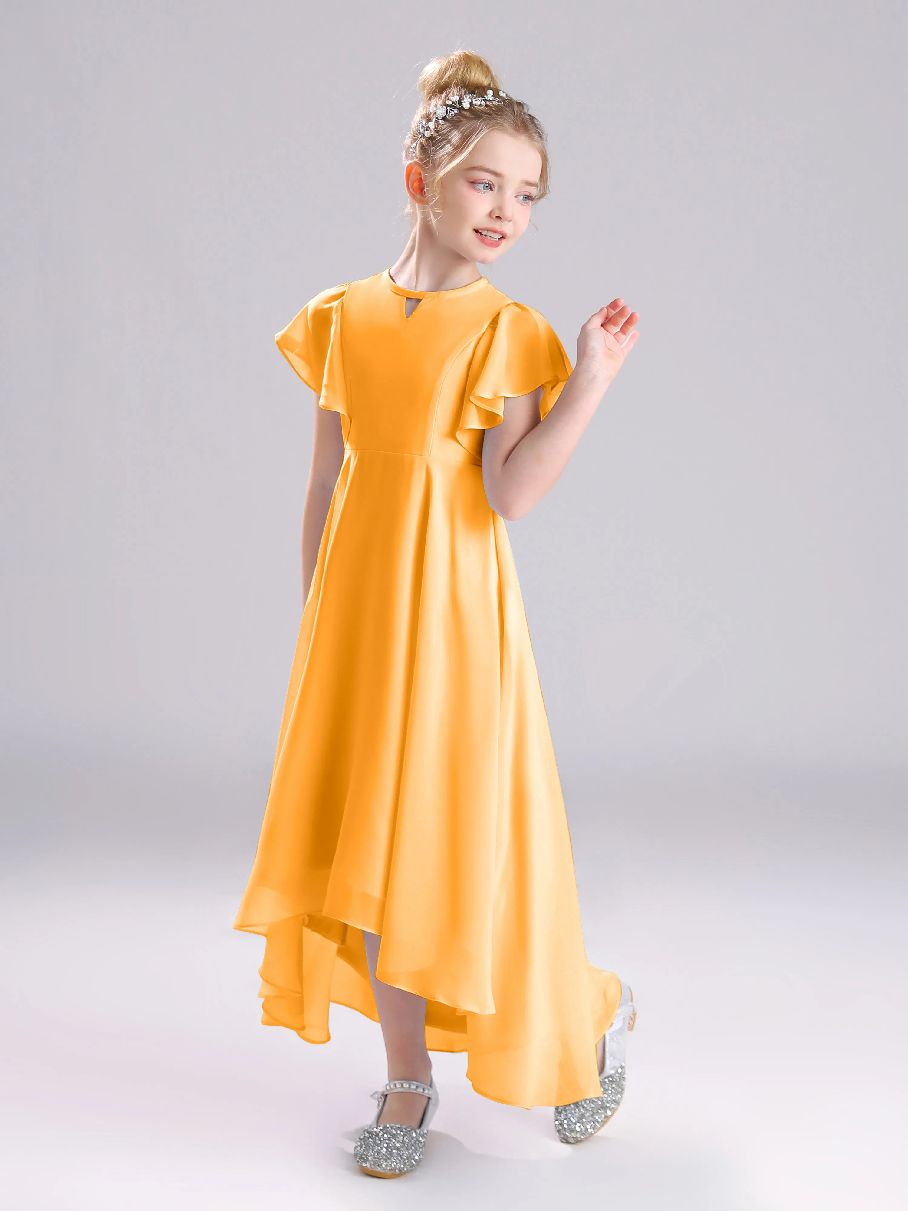 Ruffles Sleeves A-Line Long Chiffon Junior Bridesmaid Dresses