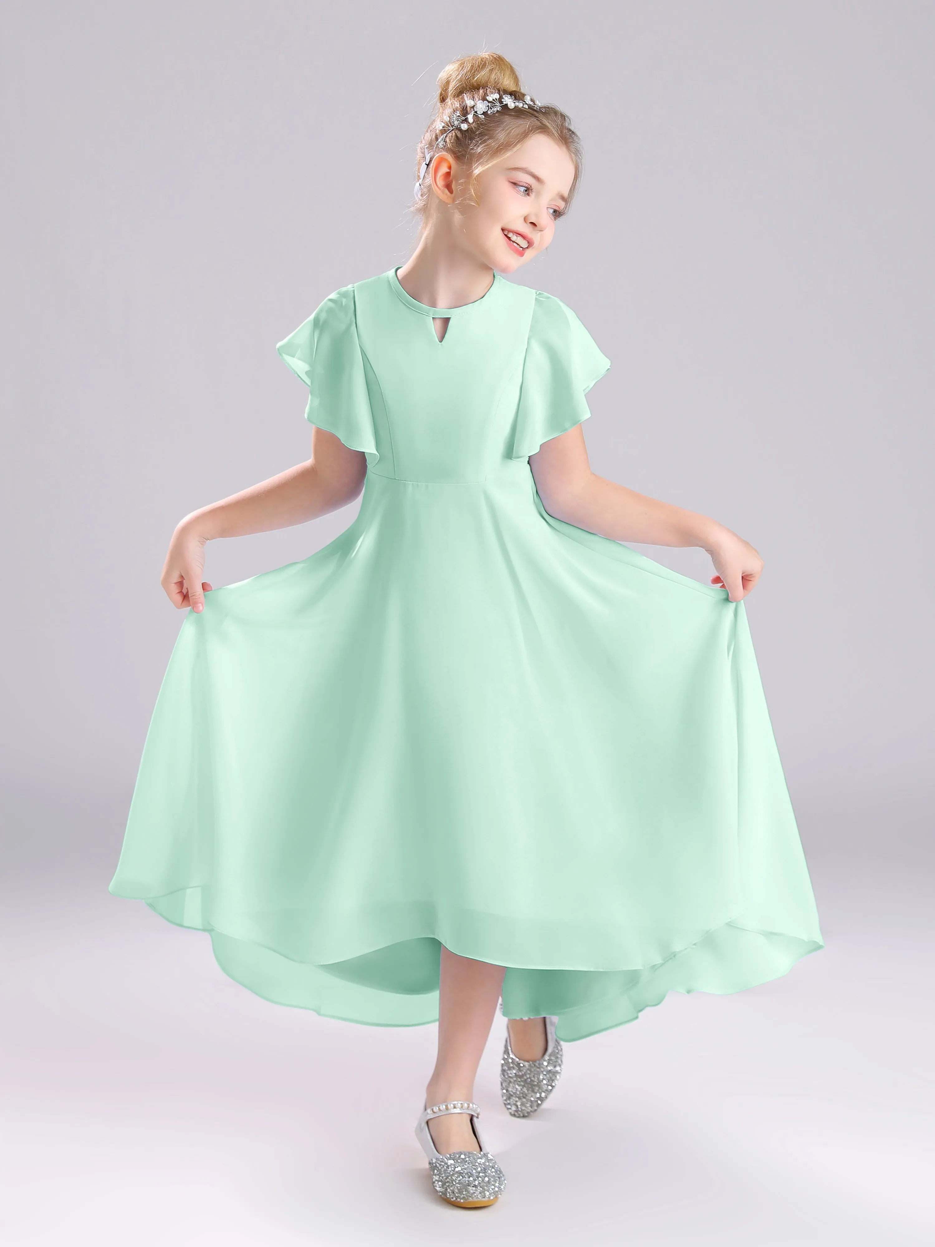 Ruffles Sleeves A-Line Long Chiffon Junior Bridesmaid Dresses