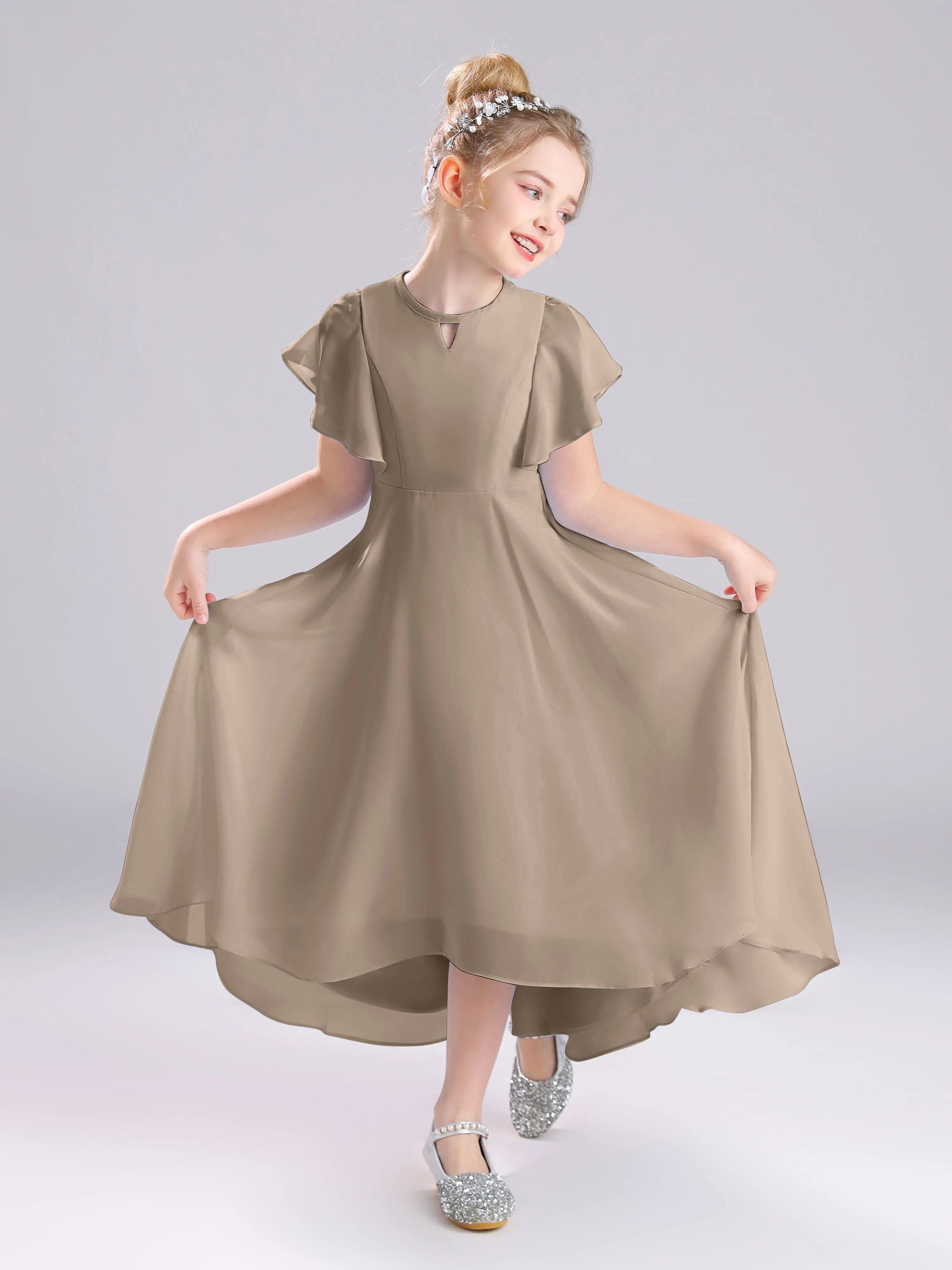 Ruffles Sleeves A-Line Long Chiffon Junior Bridesmaid Dresses
