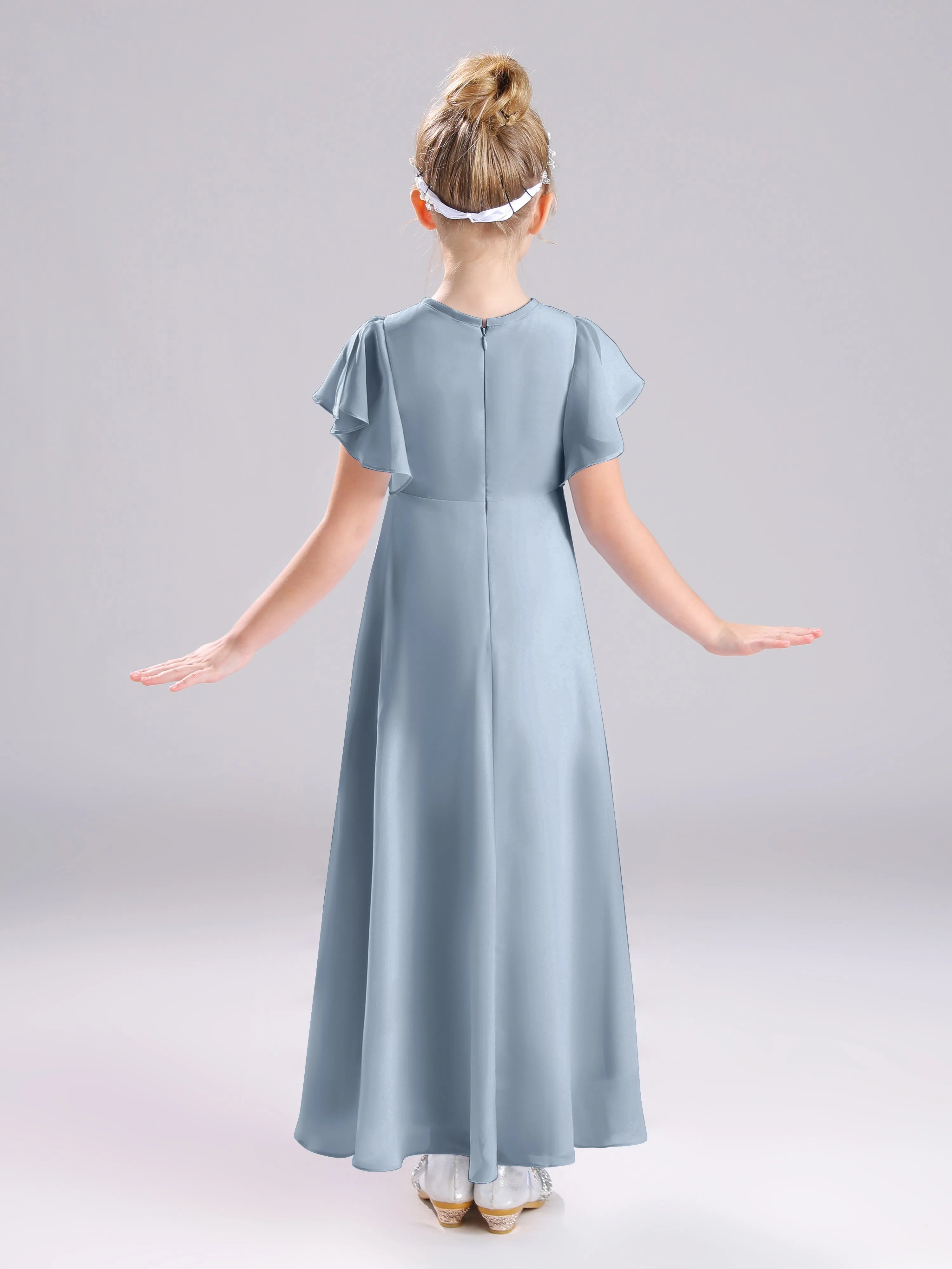 Ruffles Sleeves A-Line Long Chiffon Junior Bridesmaid Dresses