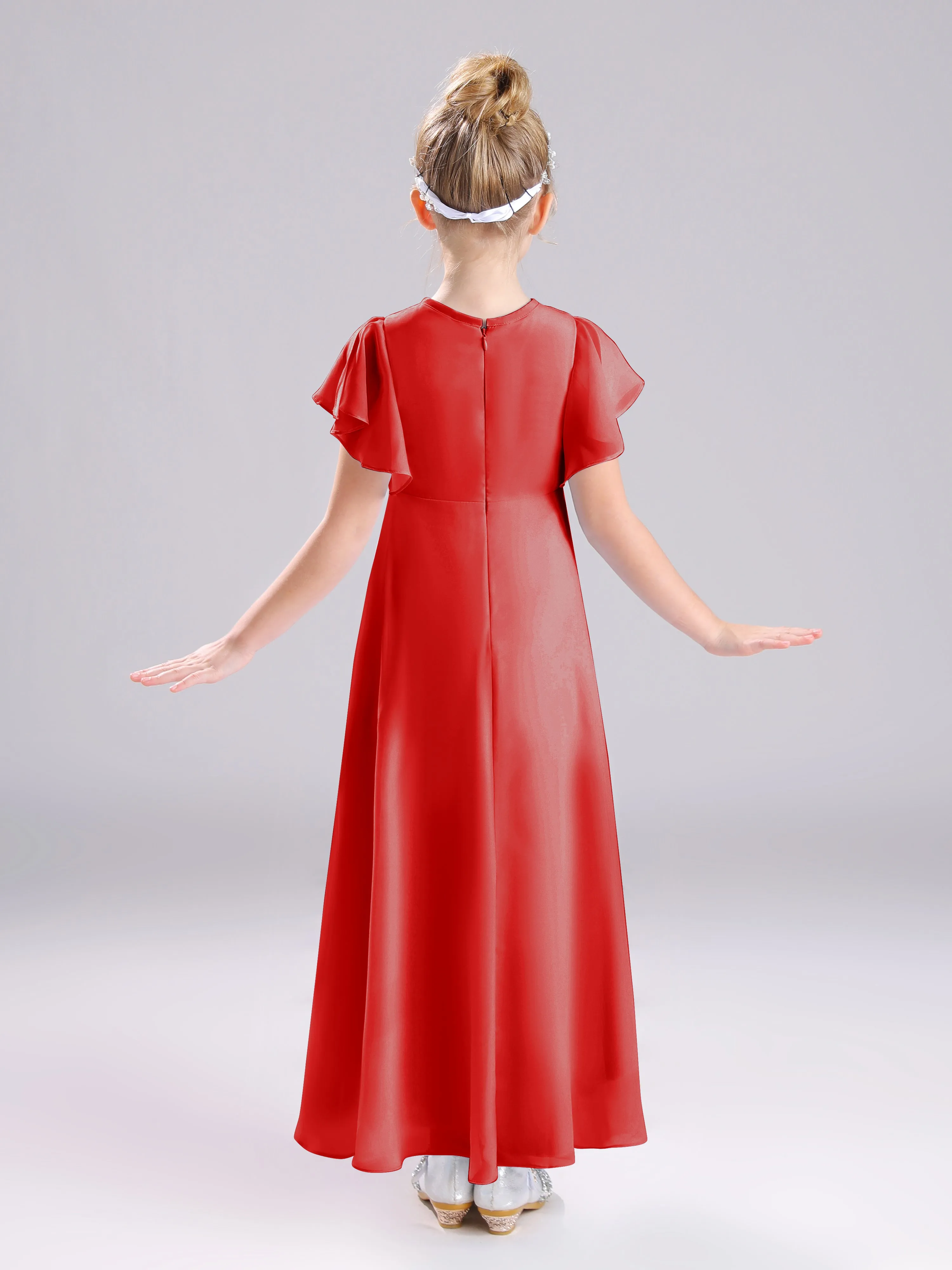 Ruffles Sleeves A-Line Long Chiffon Junior Bridesmaid Dresses