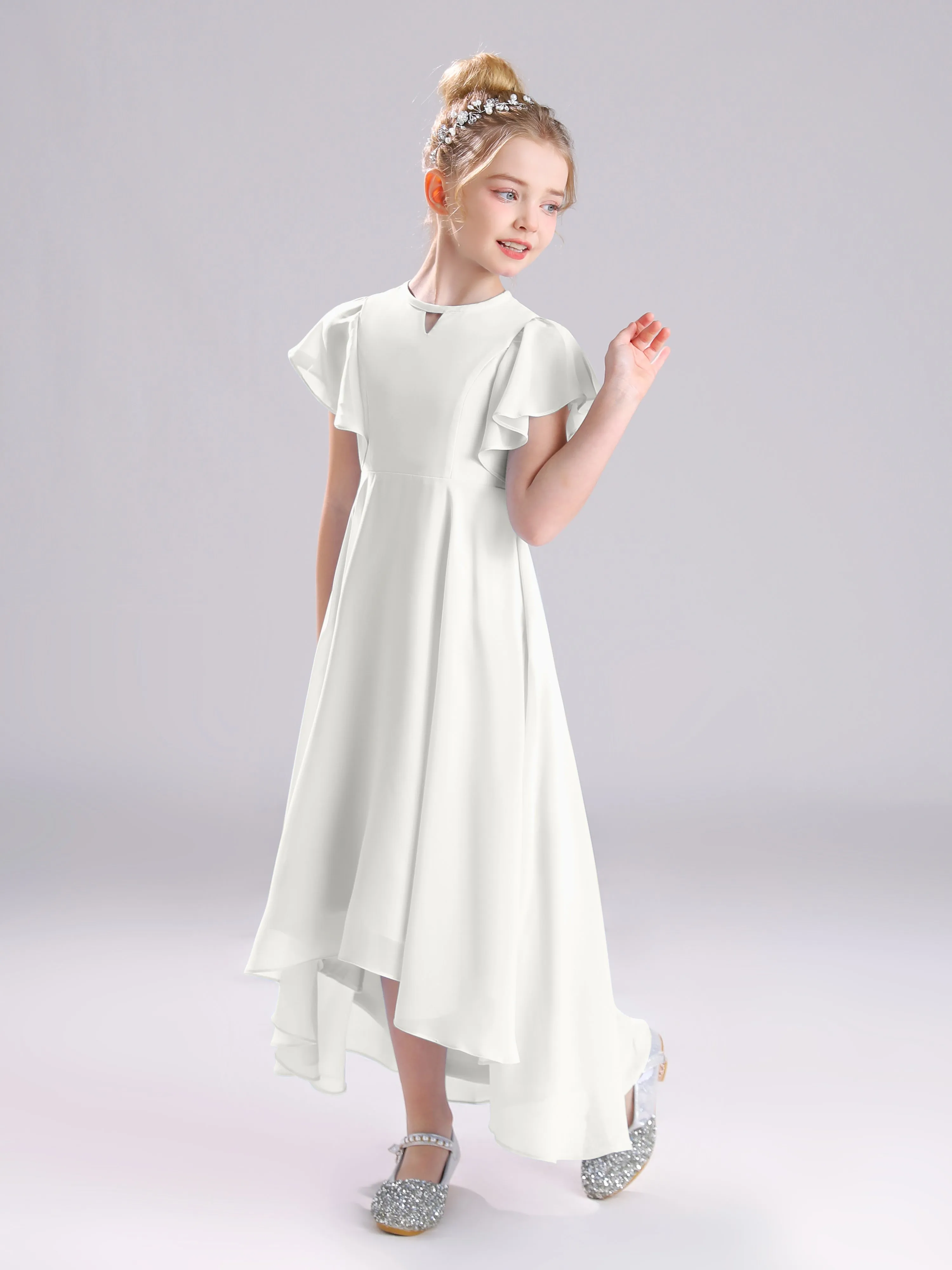 Ruffles Sleeves A-Line Long Chiffon Junior Bridesmaid Dresses