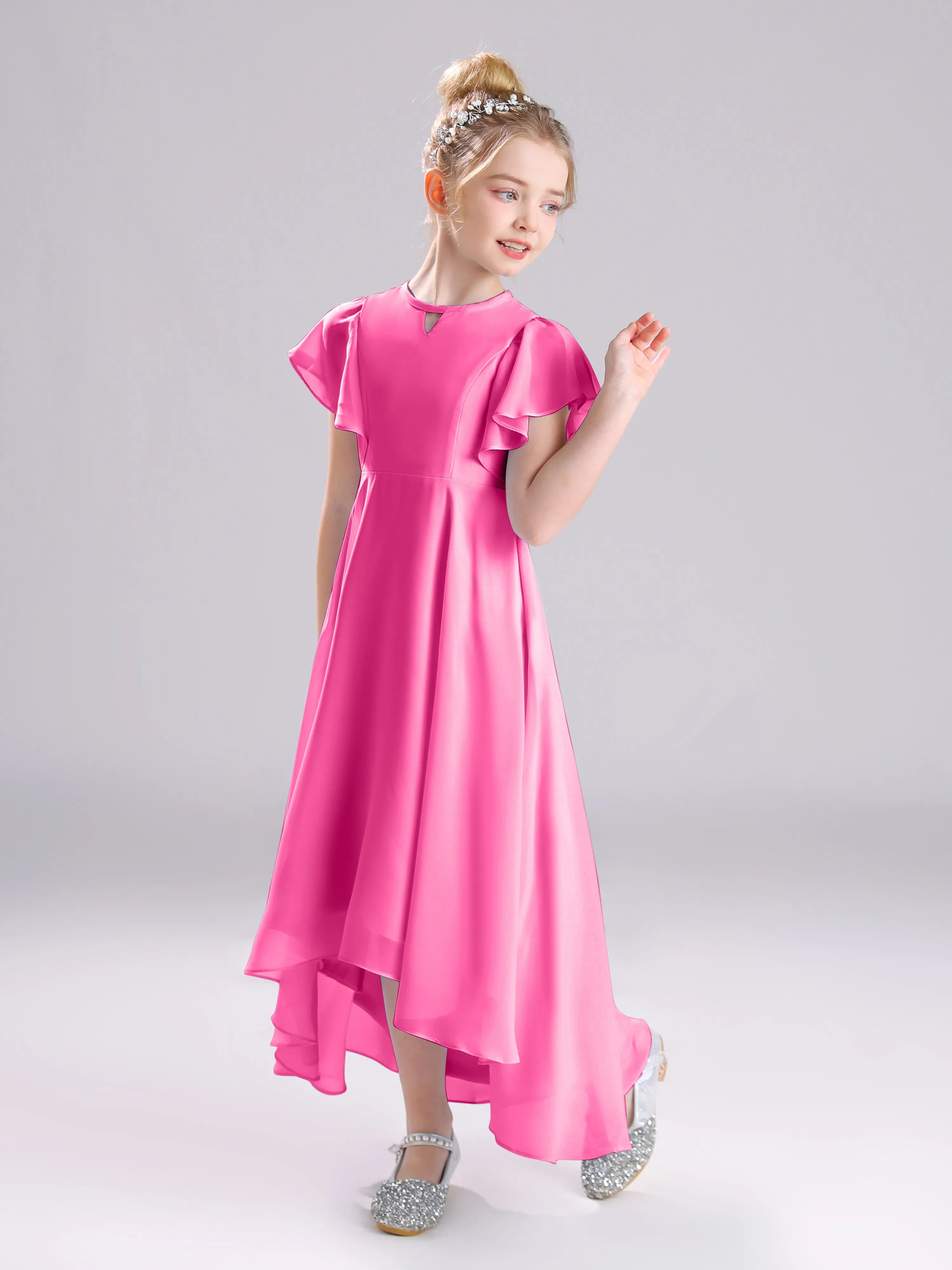 Ruffles Sleeves A-Line Long Chiffon Junior Bridesmaid Dresses
