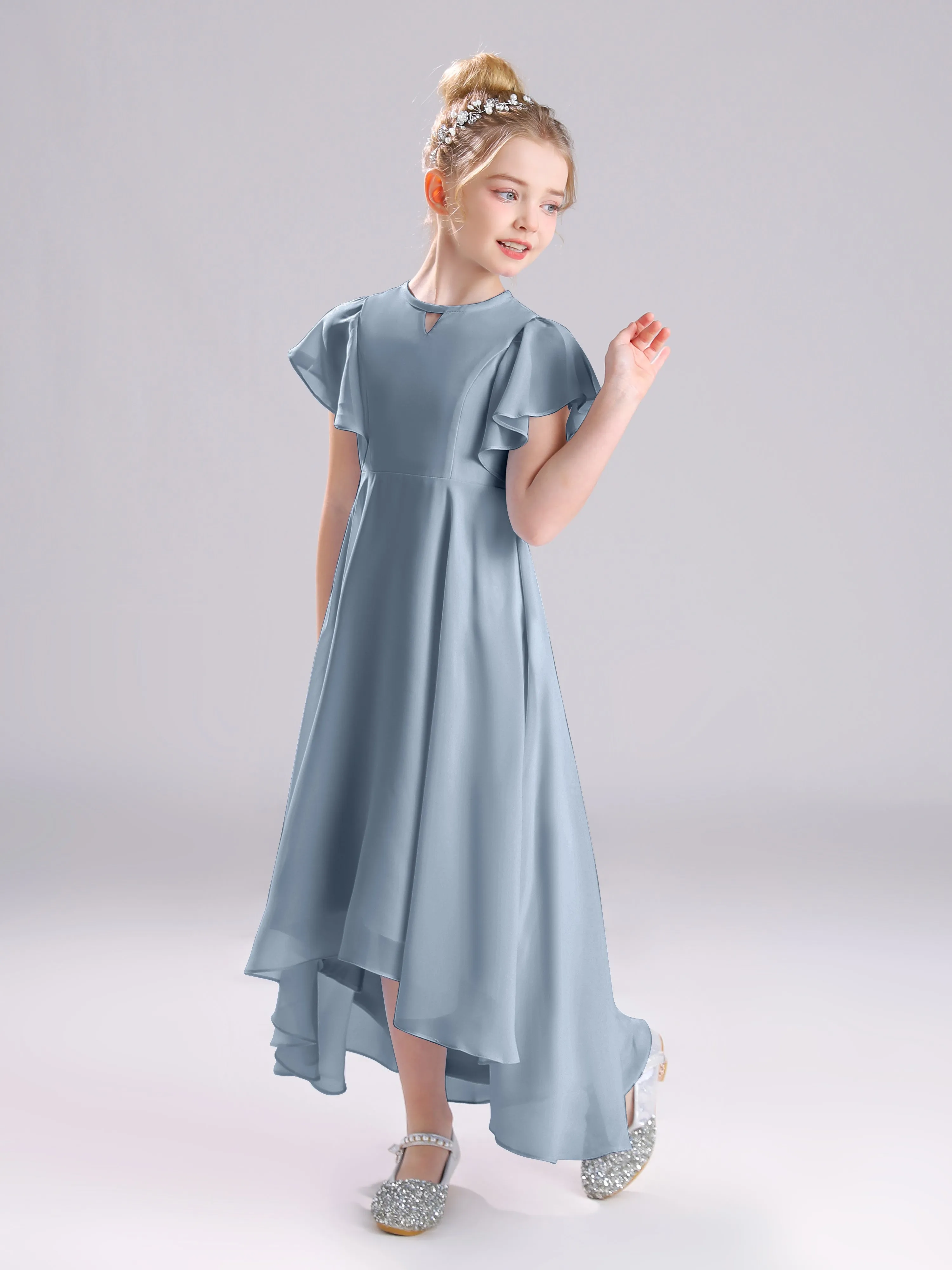 Ruffles Sleeves A-Line Long Chiffon Junior Bridesmaid Dresses