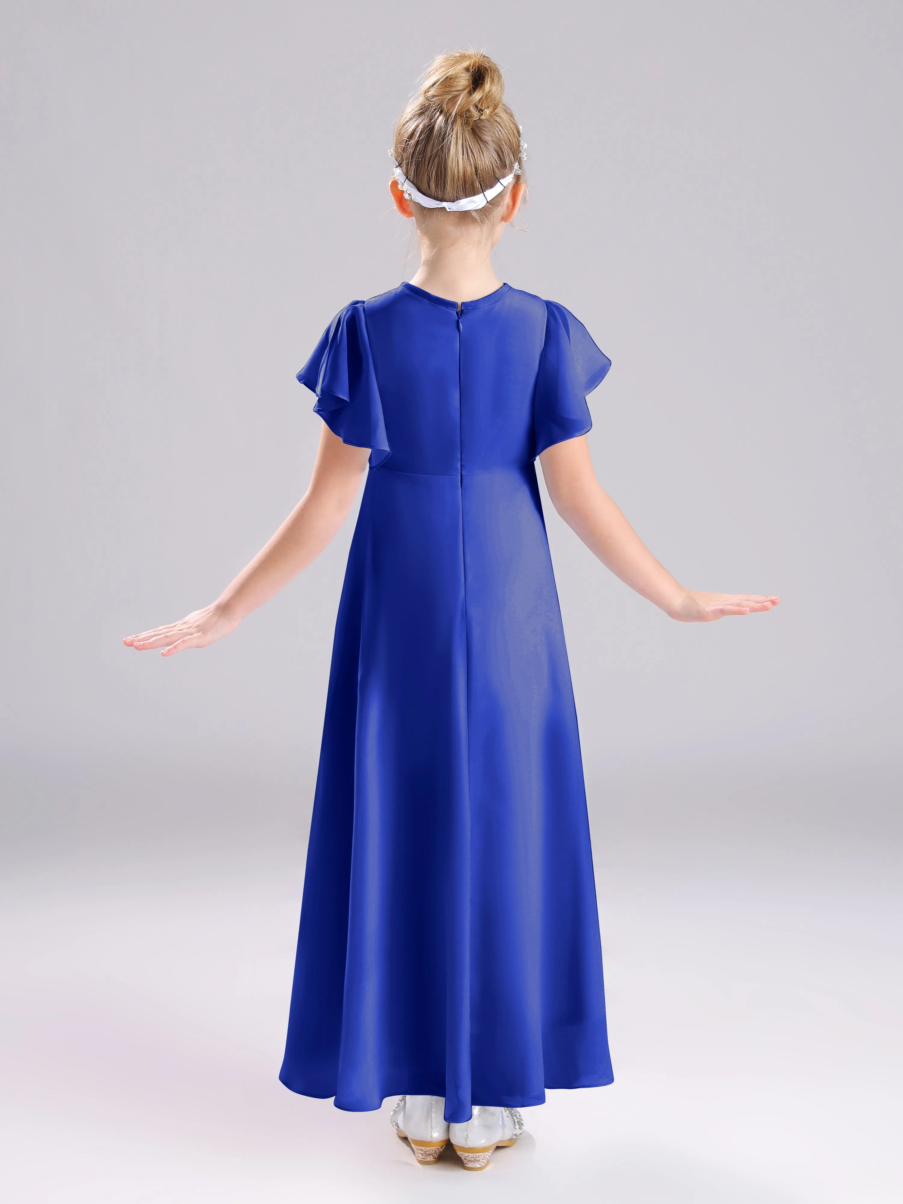 Ruffles Sleeves A-Line Long Chiffon Junior Bridesmaid Dresses