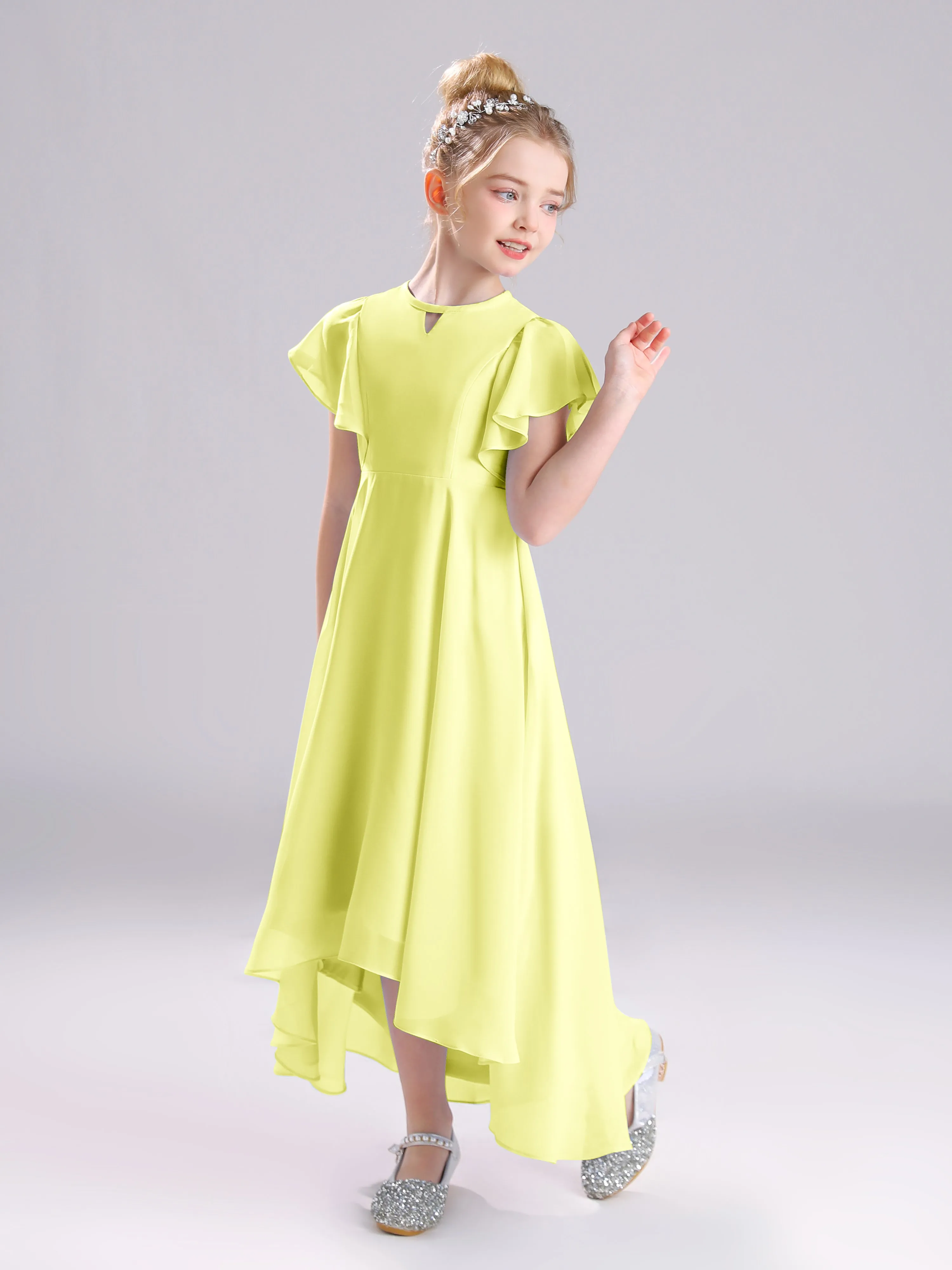 Ruffles Sleeves A-Line Long Chiffon Junior Bridesmaid Dresses