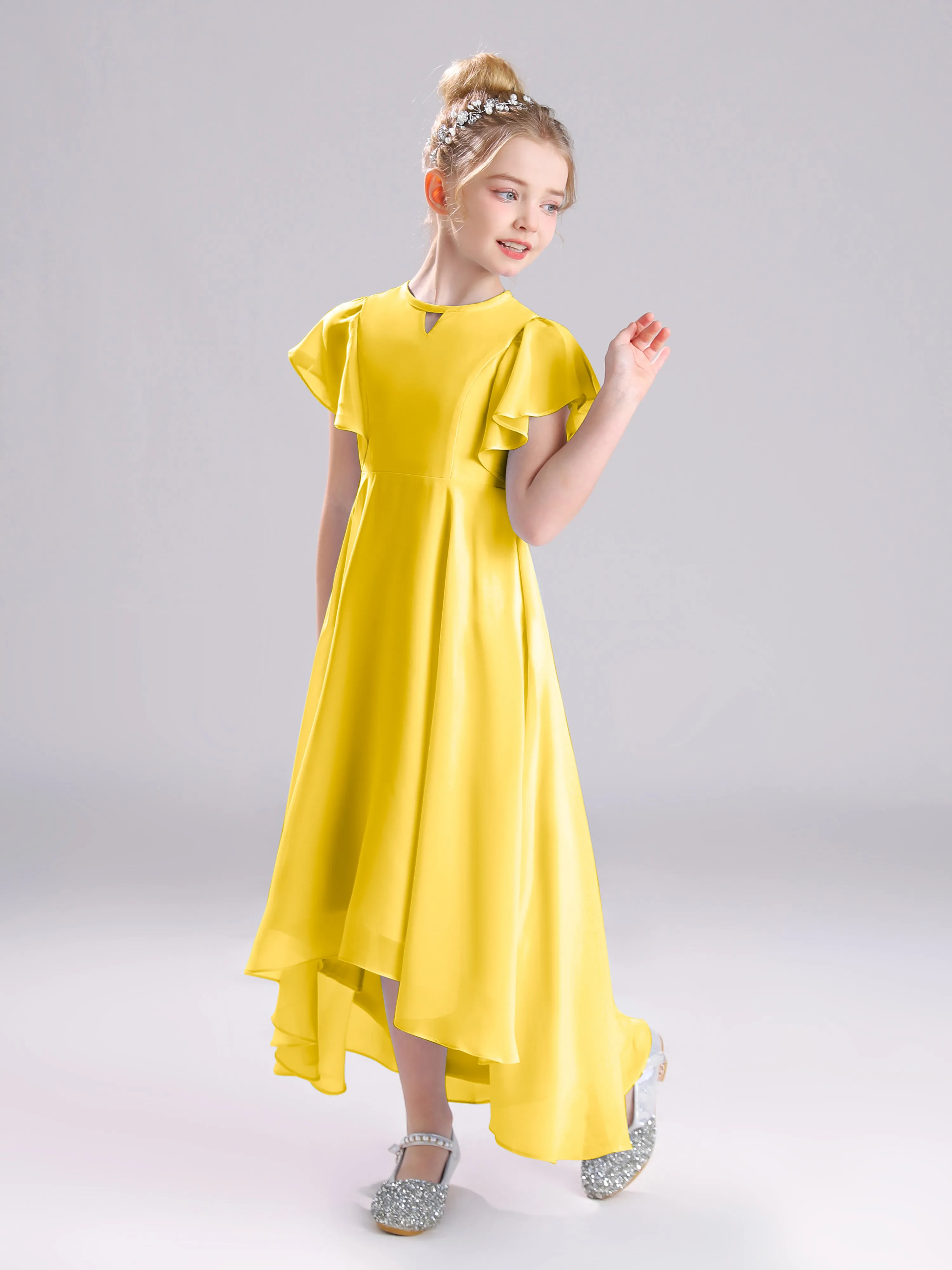 Ruffles Sleeves A-Line Long Chiffon Junior Bridesmaid Dresses