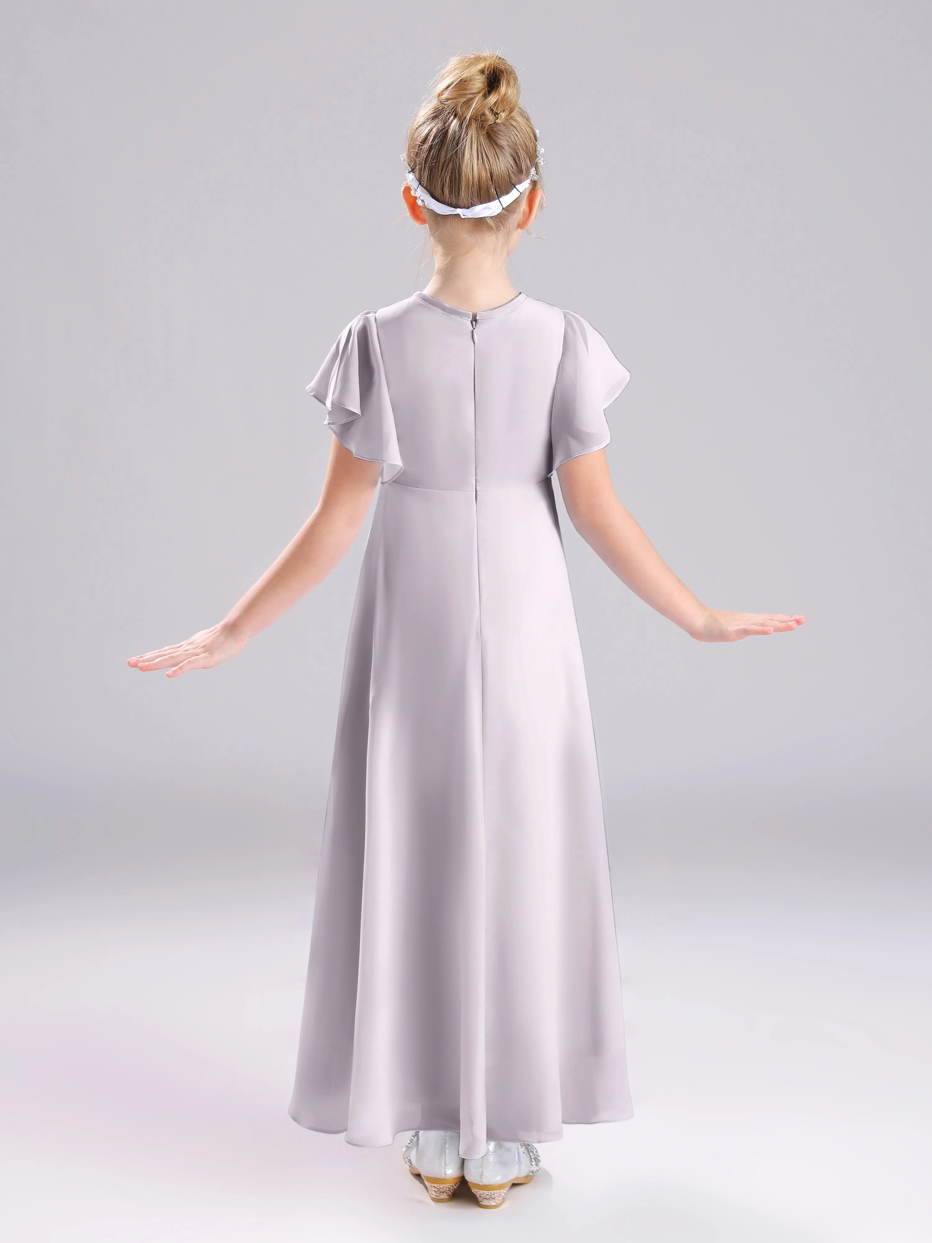 Ruffles Sleeves A-Line Long Chiffon Junior Bridesmaid Dresses