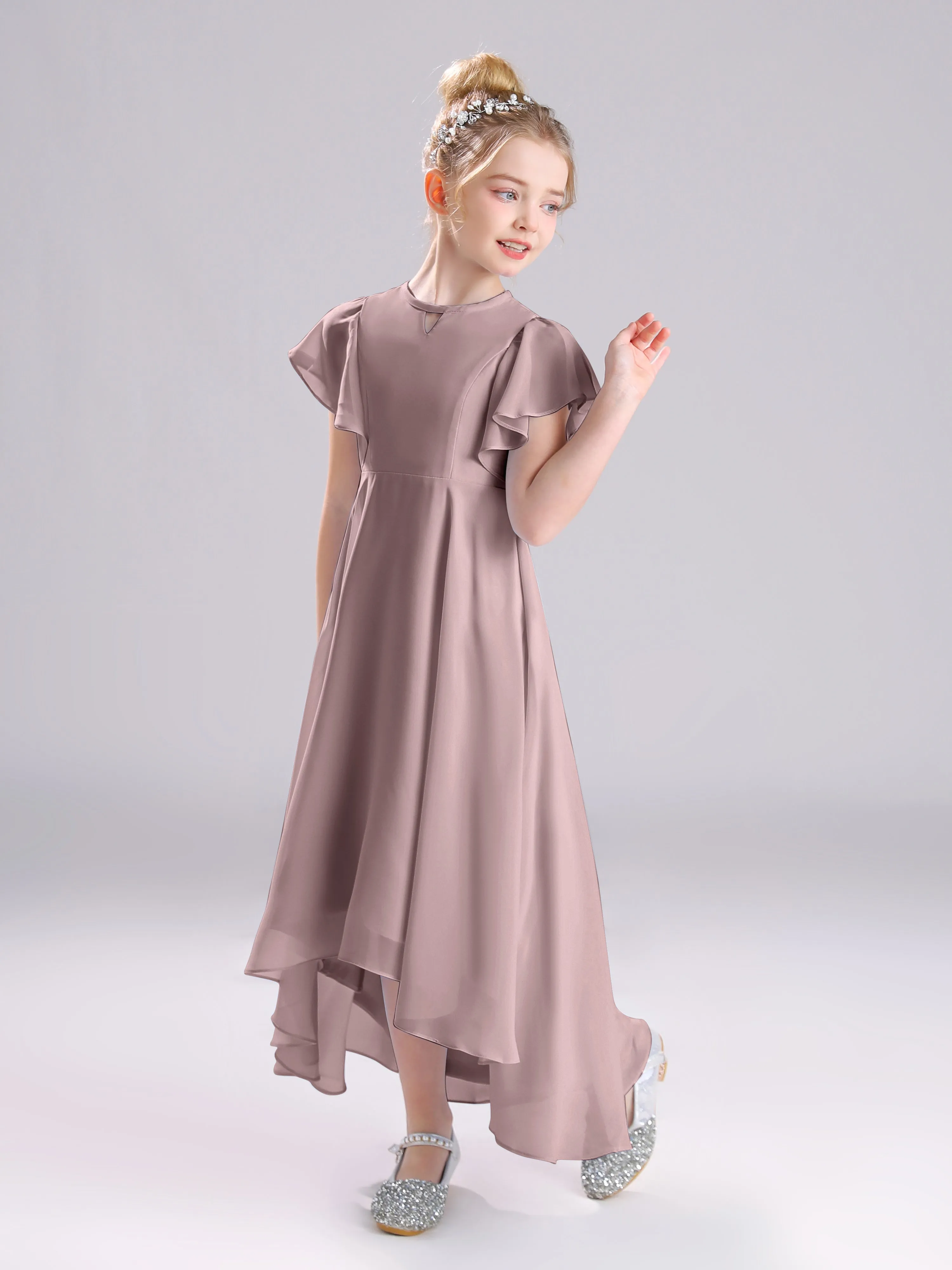 Ruffles Sleeves A-Line Long Chiffon Junior Bridesmaid Dresses