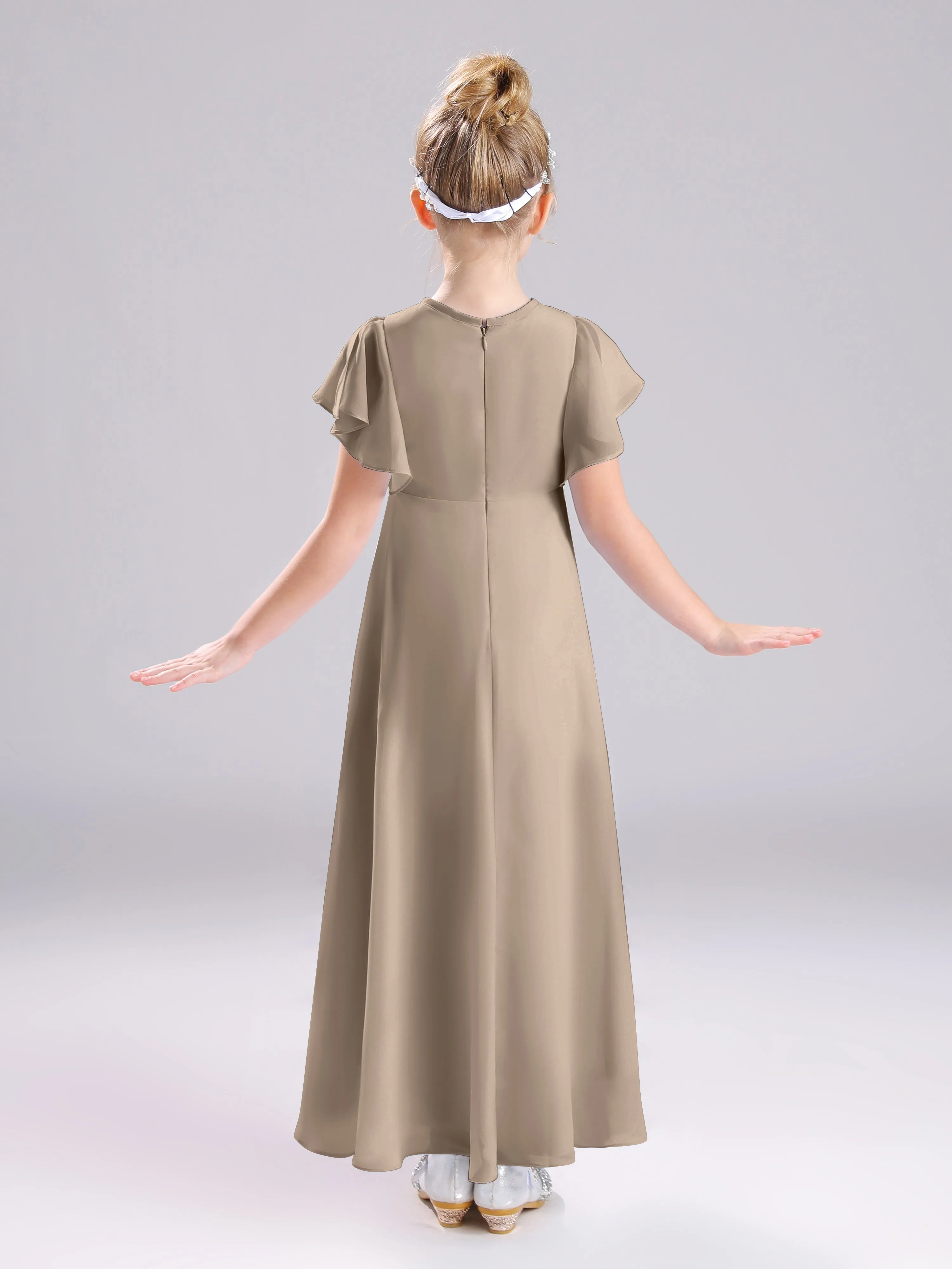 Ruffles Sleeves A-Line Long Chiffon Junior Bridesmaid Dresses
