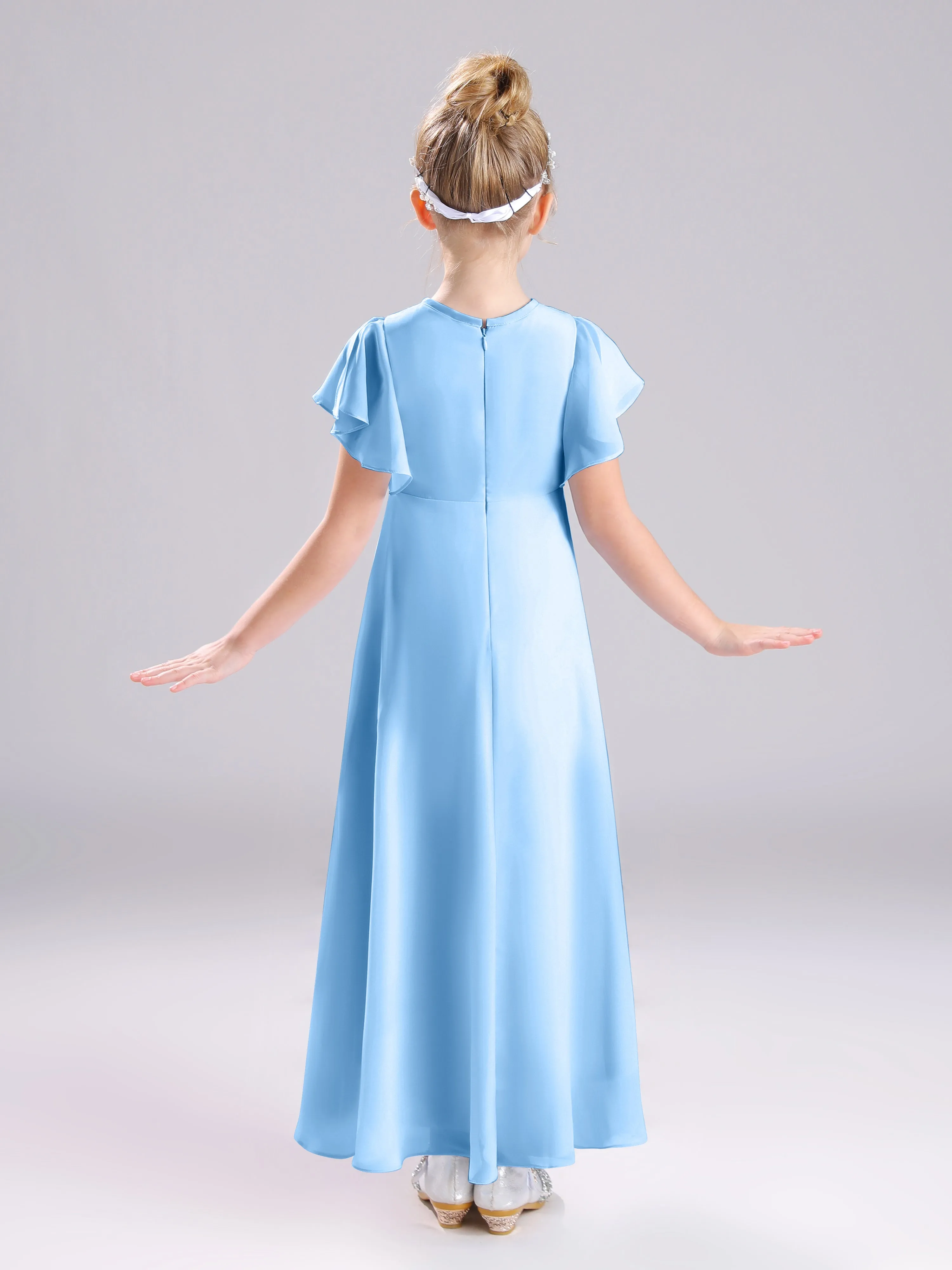 Ruffles Sleeves A-Line Long Chiffon Junior Bridesmaid Dresses