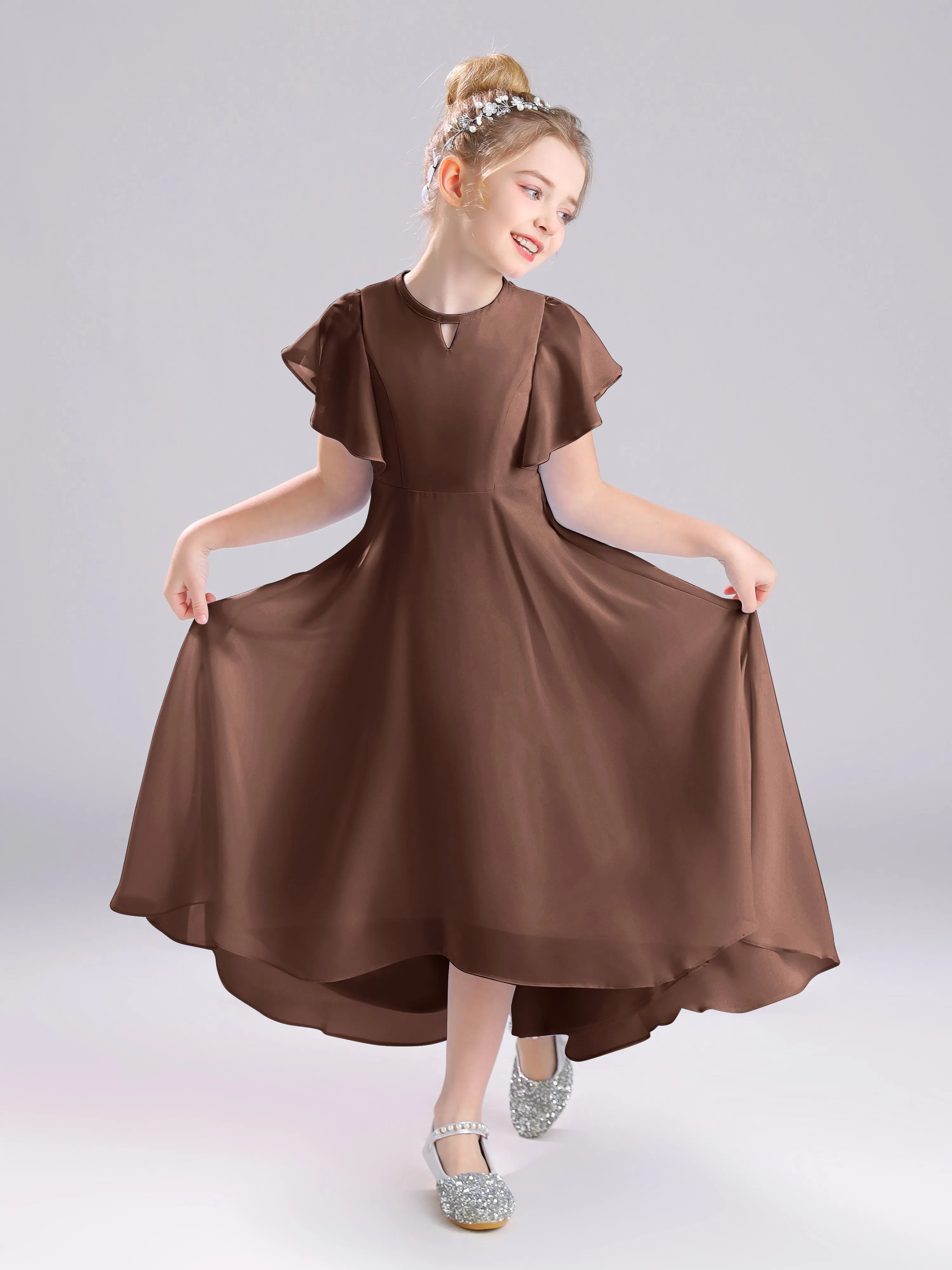 Ruffles Sleeves A-Line Long Chiffon Junior Bridesmaid Dresses