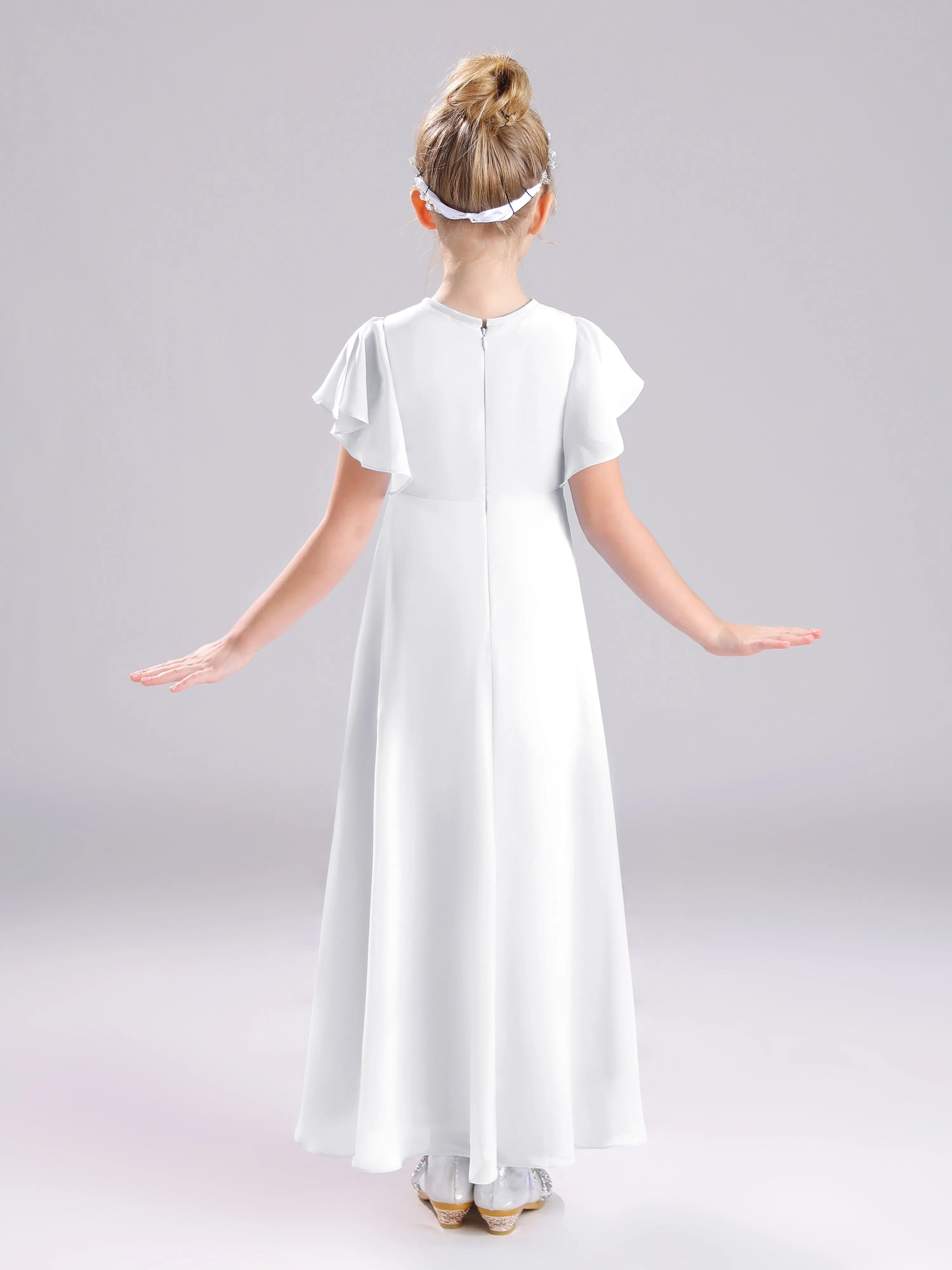 Ruffles Sleeves A-Line Long Chiffon Junior Bridesmaid Dresses