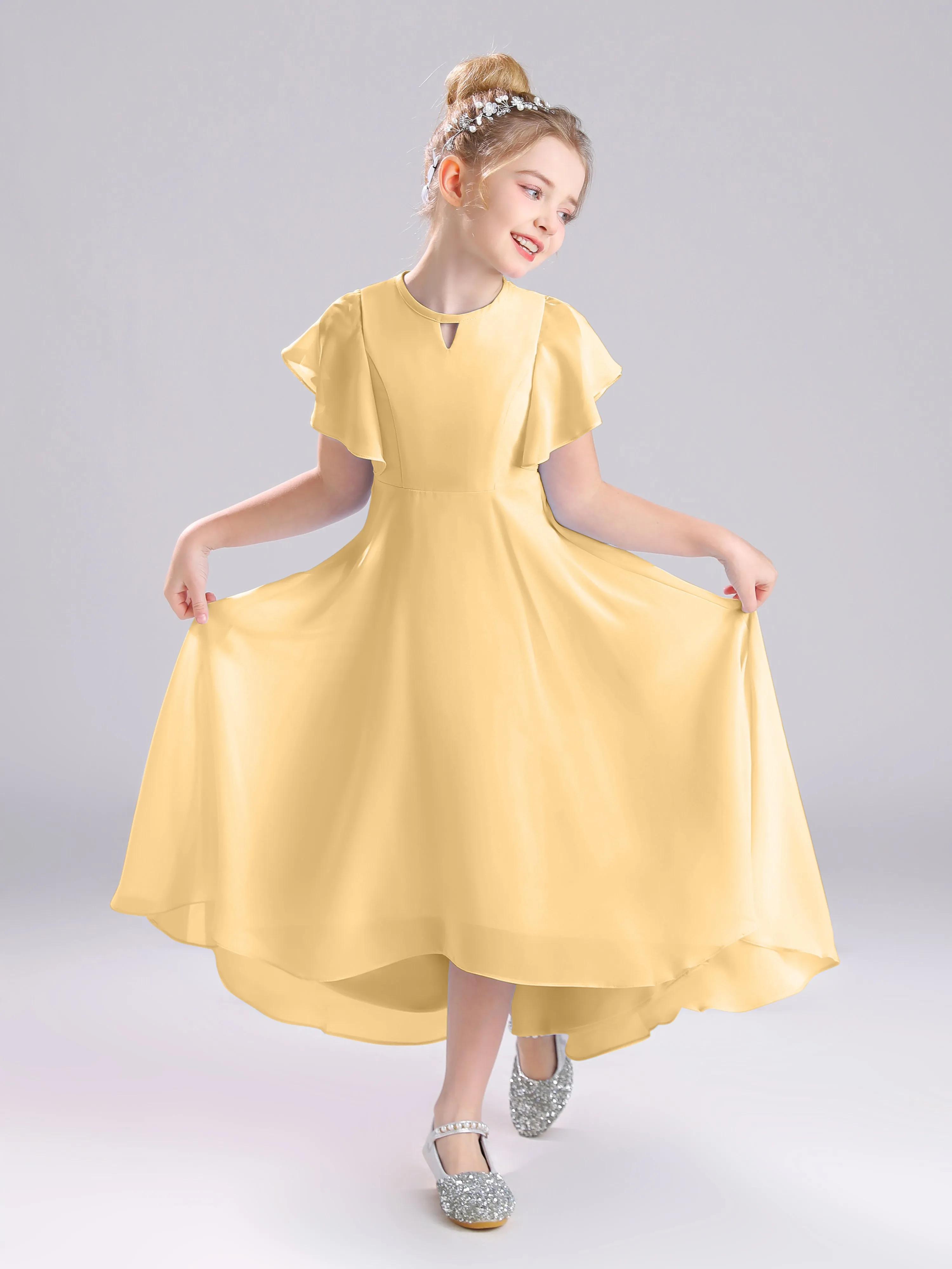 Ruffles Sleeves A-Line Long Chiffon Junior Bridesmaid Dresses